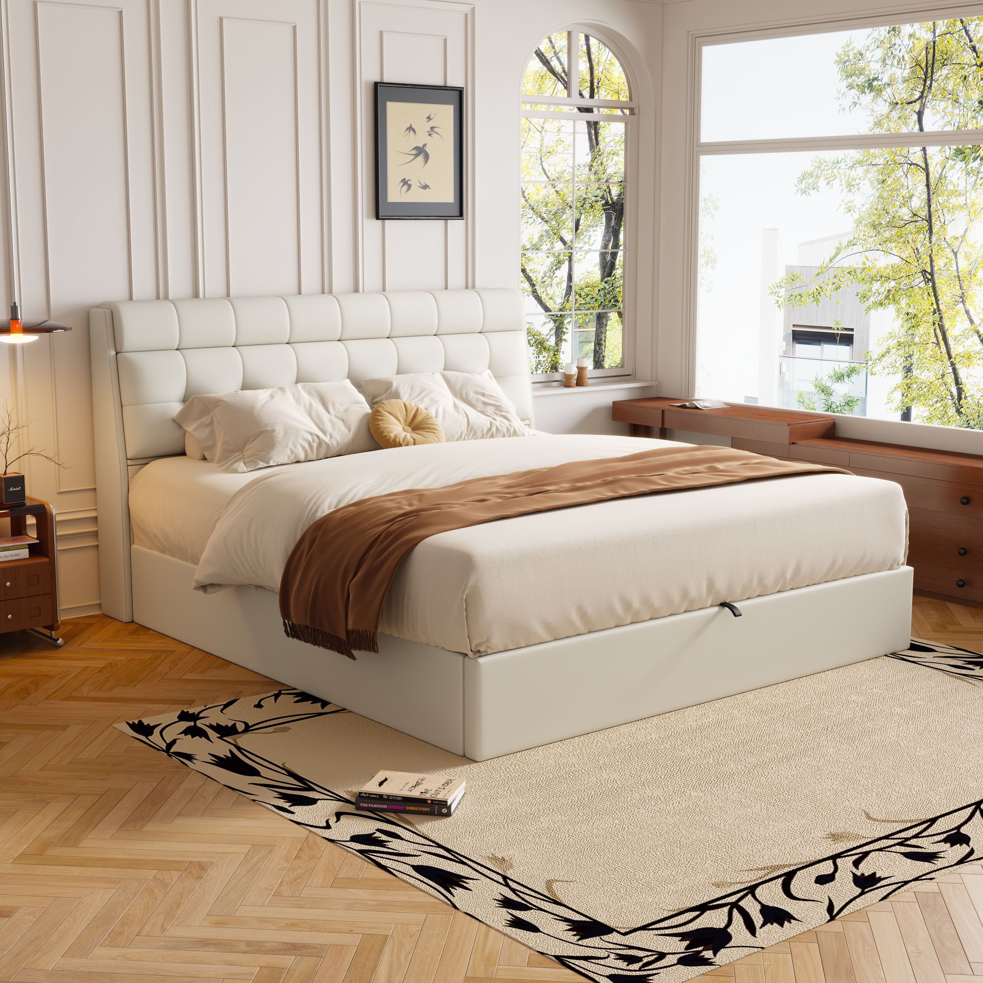 Elegante cama con almacenaje 160 x 200 cm - Estante oculto en el cabecero - Polipiel - Somier de láminas - Blanco - 3