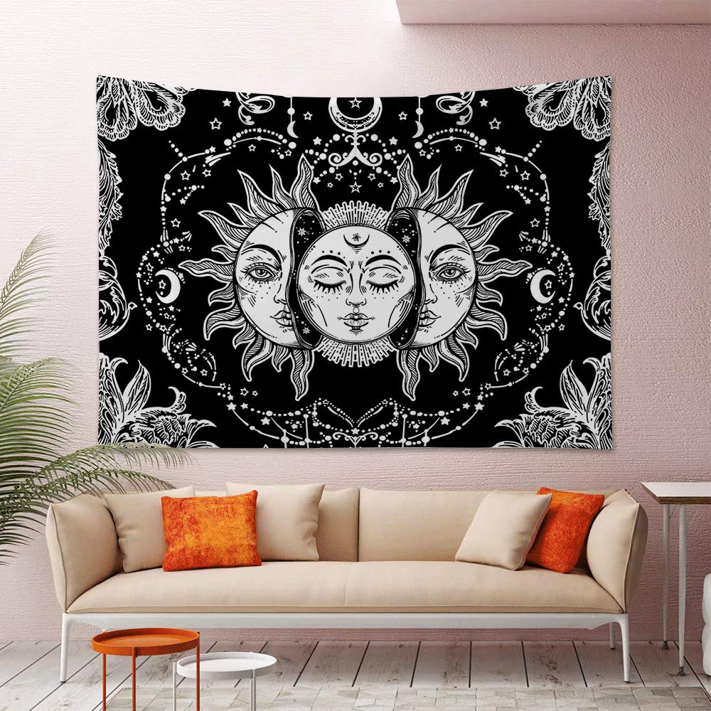 Psychodeliczny gobelin tarota Słońce i Księżyc 130 cm x 150 cm, czarny, niebiański gobelin ścienny, hipisowski, boho, indyjski, mandala.