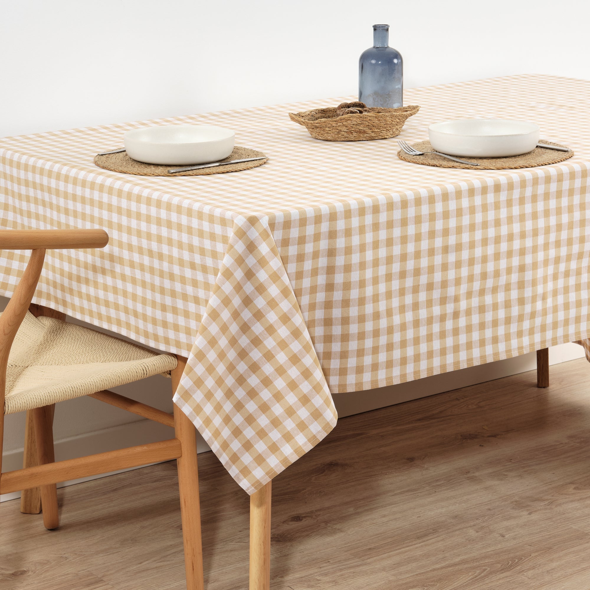 Mantel Vichy impermeable antimanchas Beige tacto tela - 250x140 cm - 2
