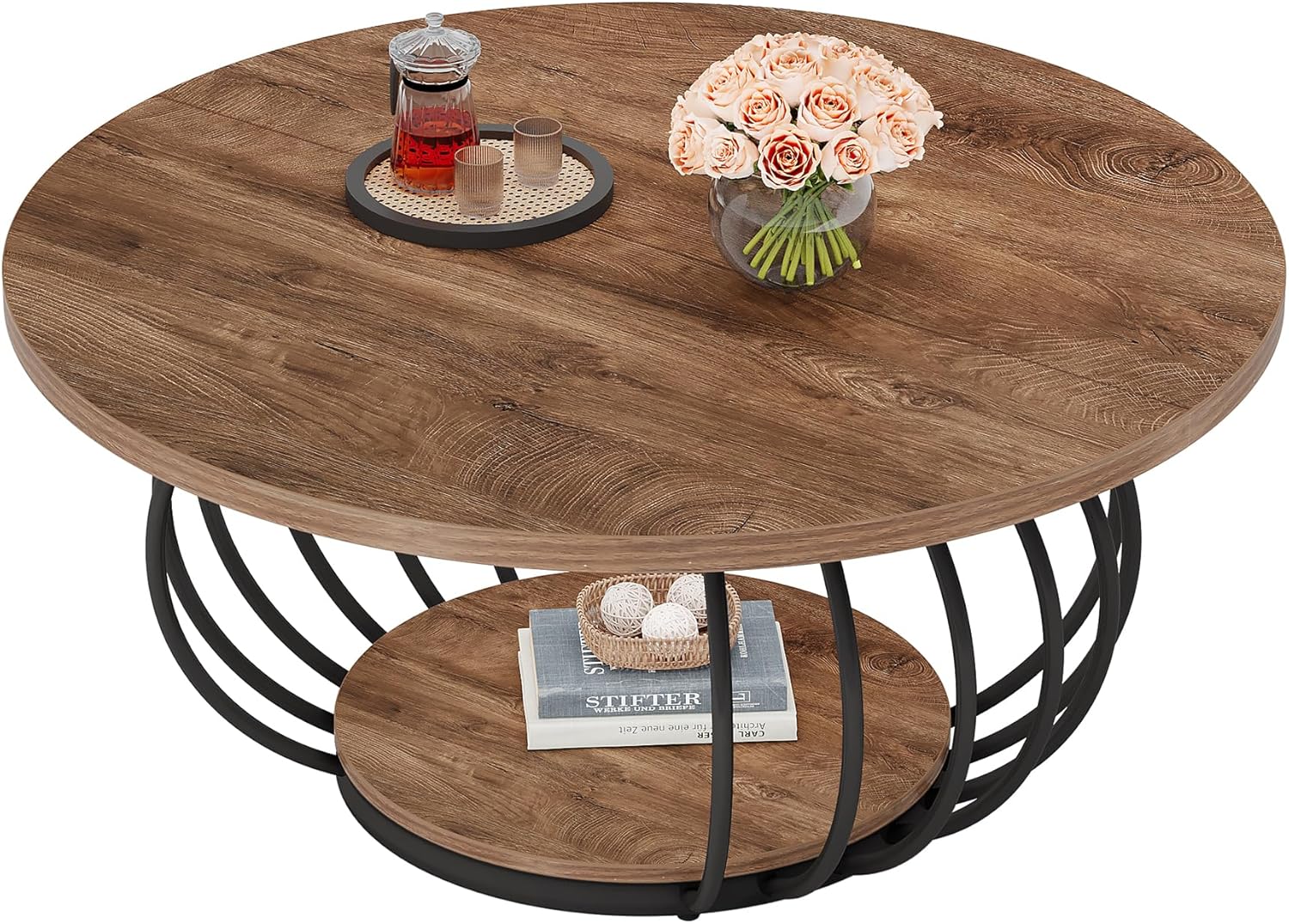 Tribesigns Okrągły stolik kawowy ze schowkiem, dwupoziomowa metalowa rama, 100 x 100 x 46 cm, słoje drewna, nowoczesny stolik kawowy do salonu - 2