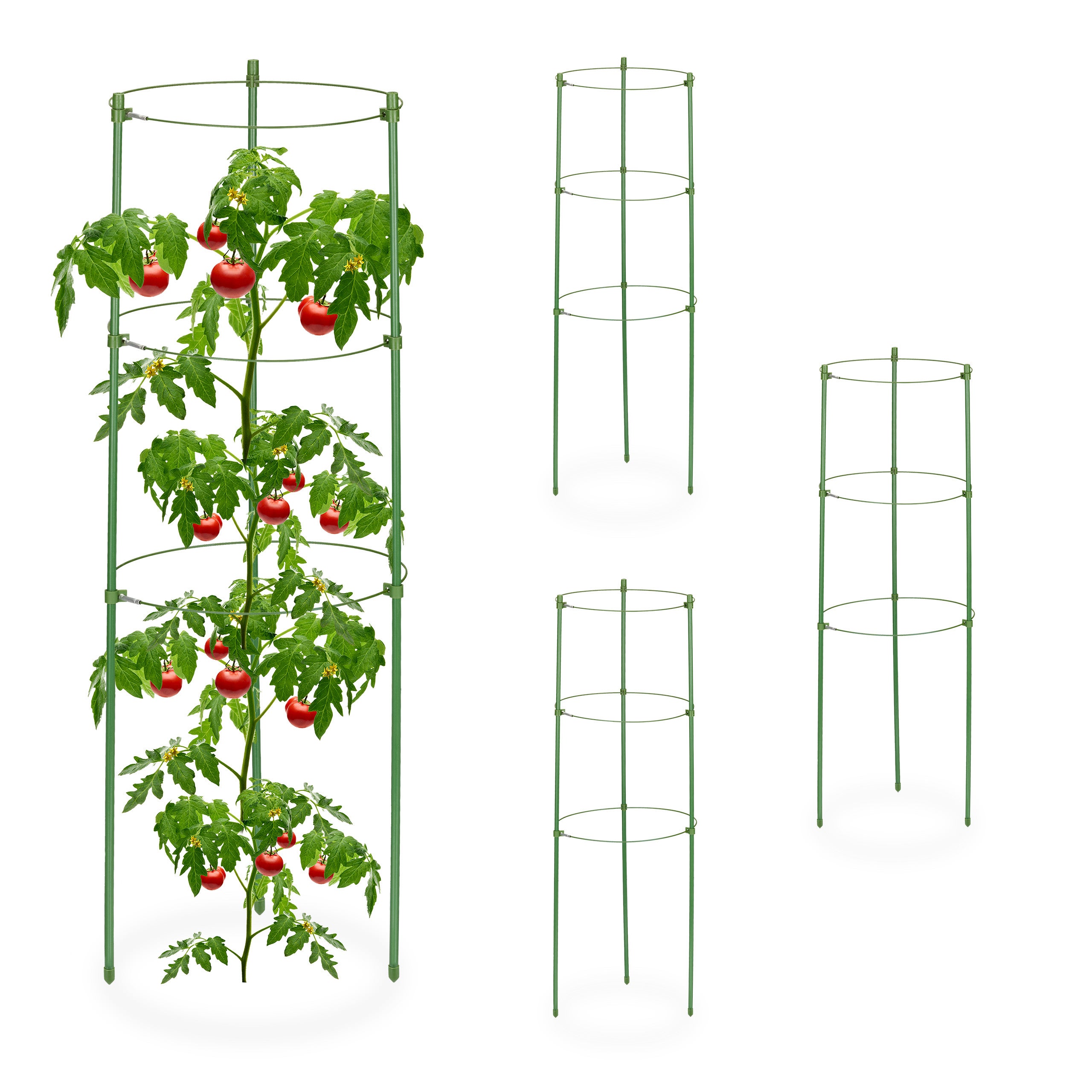 Relaxdays Lot De 4 Tuteurs Pour Tomates Et Plantes Grimpantes - 3 Anneaux Réglables, Métal Vert 45 Cm