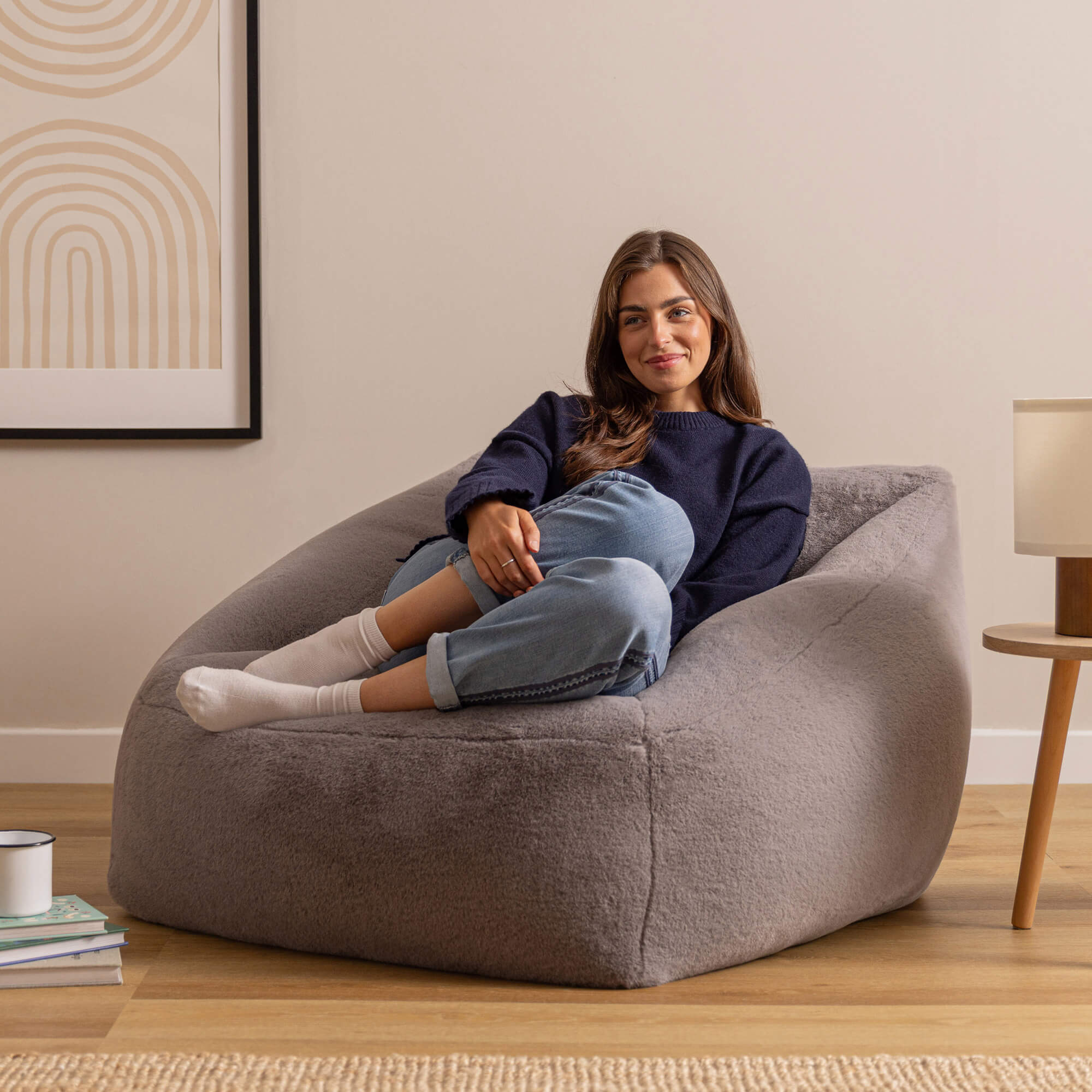 Pouf fauteuil Icon imitation fourrure luxueuse de lapin gris clair, salon, chambre, 97x84cm Oeko-Tex® - 3