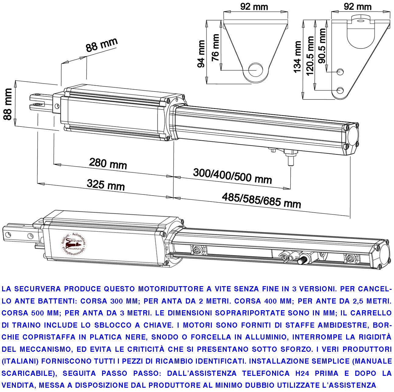 Motore Elettromeccanico Attuatore 24 Vcc Corsa 400 mm Ricambio Cancello Automatico Anta 2,5 Metri Sblocco a Chiave Ricambio Originale Securvera Fineco - 2