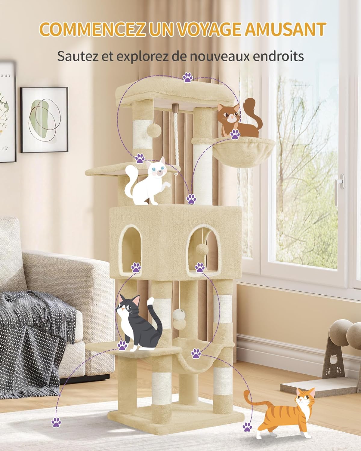 Árvore para Gatos (162 cm de Altura), Torre de Brinquedos, Arranhador com Plataformas Grandes, 5 Postes Arranhadores, 3 Pompons, 1 Rede,Cinza-escuro - 3