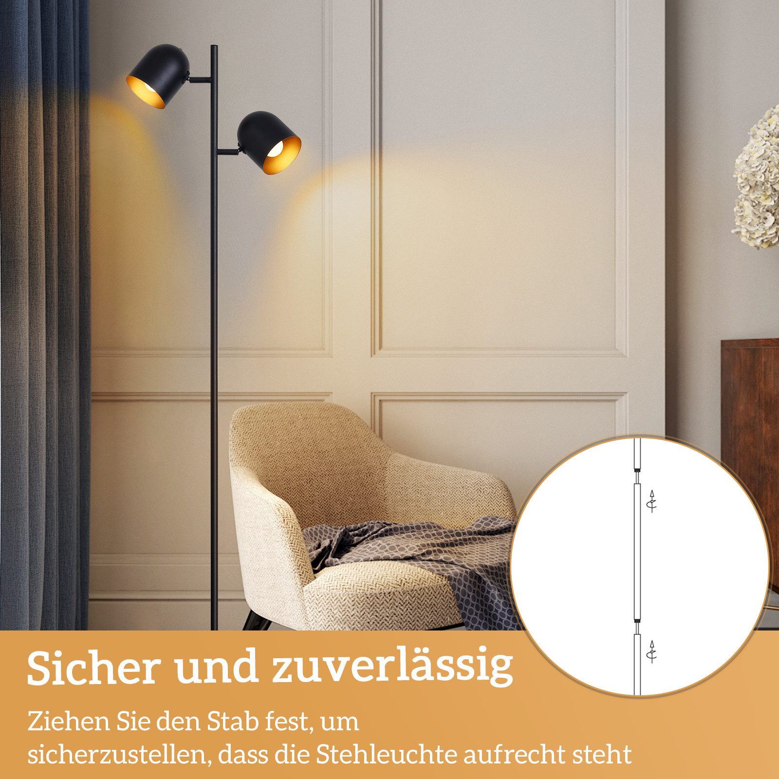 ZMH Lampadaire noir doré E14 Métal Vintage Lampadaire multi-tête 145cm - 8