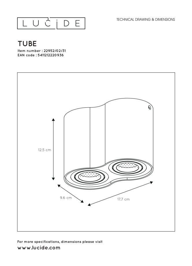 Spot plafond TUBE - Blanc - 2xGU10 (MR16) - Lucide - 5