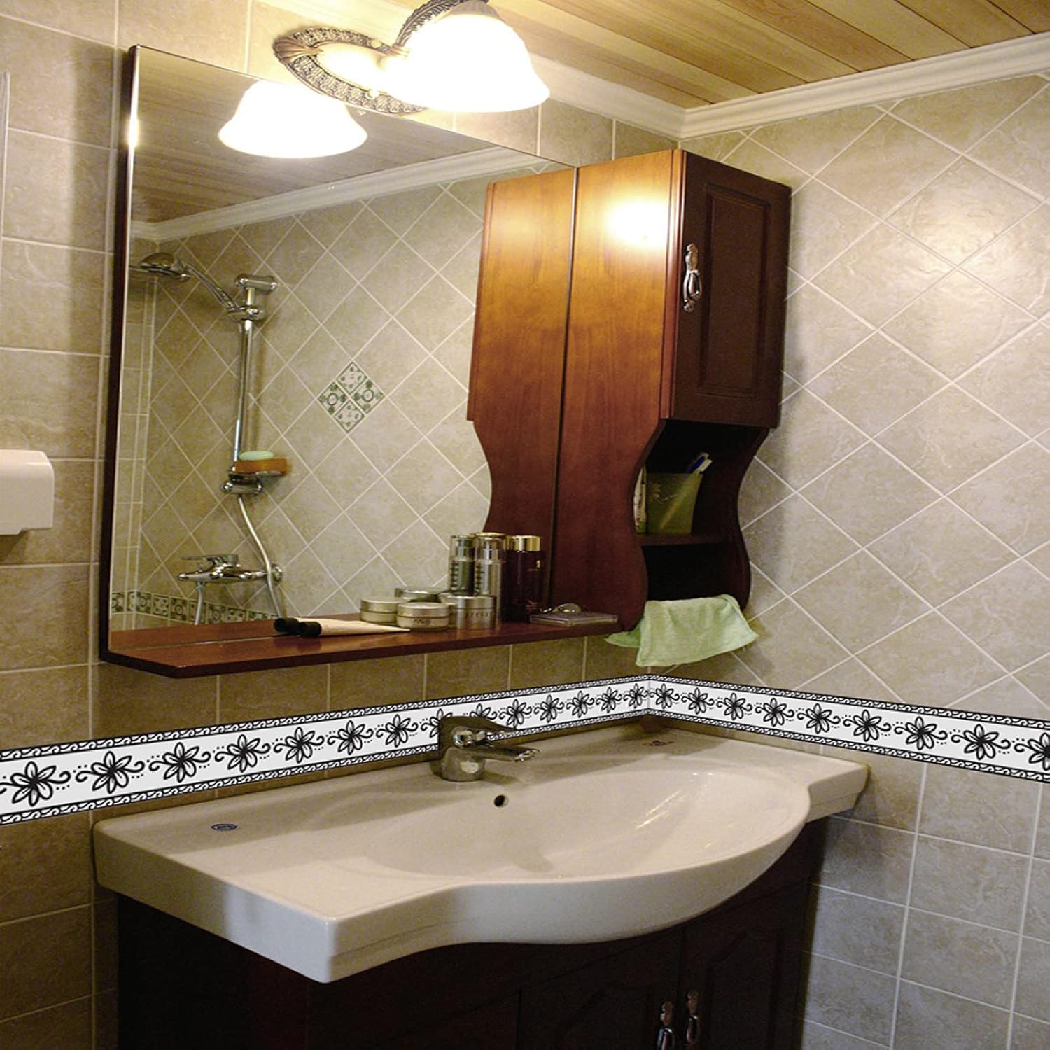 Cenefa autoadhesiva de PVC impermeable para pared, zócalo de cocina y baño, decoración de pared, flores negras, 10 cm x 240 cm - 4