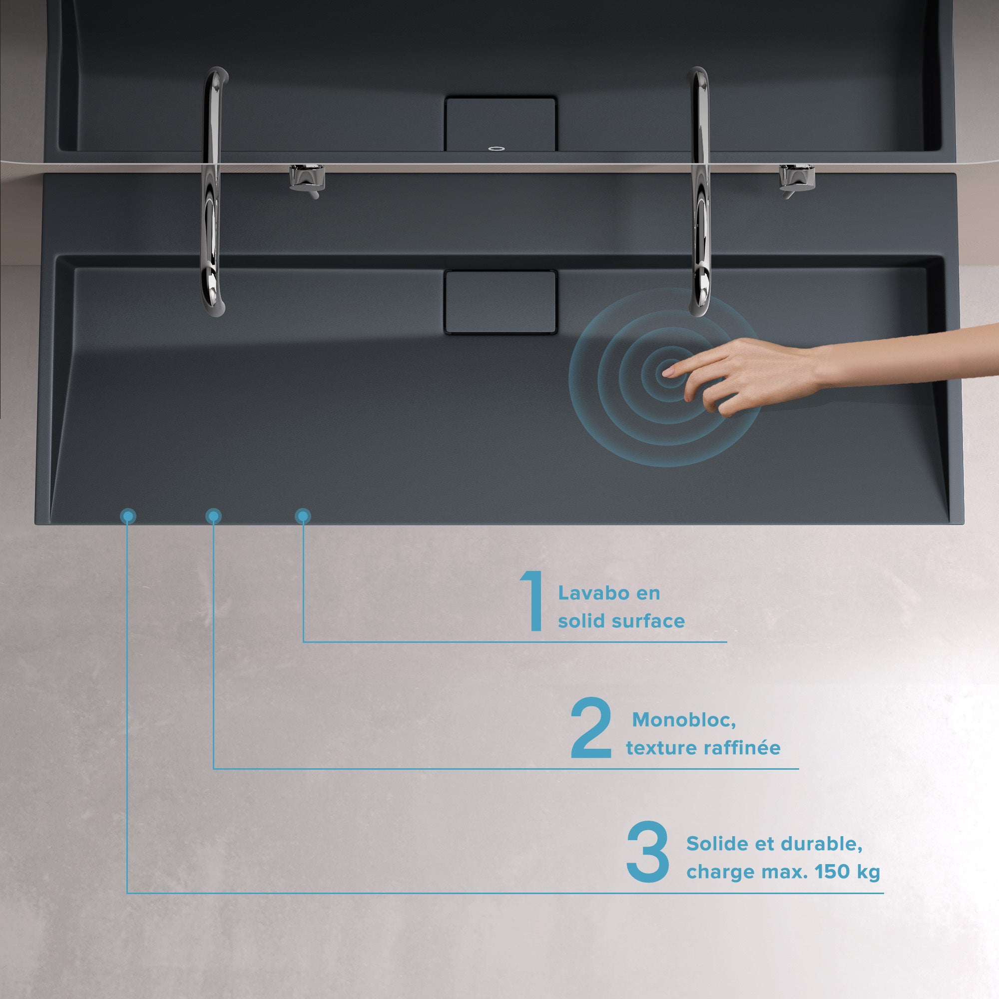 Lavabo Suspendu, Vasque à Poser, Lave-Mains Rectangulaire, 120x46x11cm, Gris Noir Mat, avec Bonde, Colossum19 doporro - 2