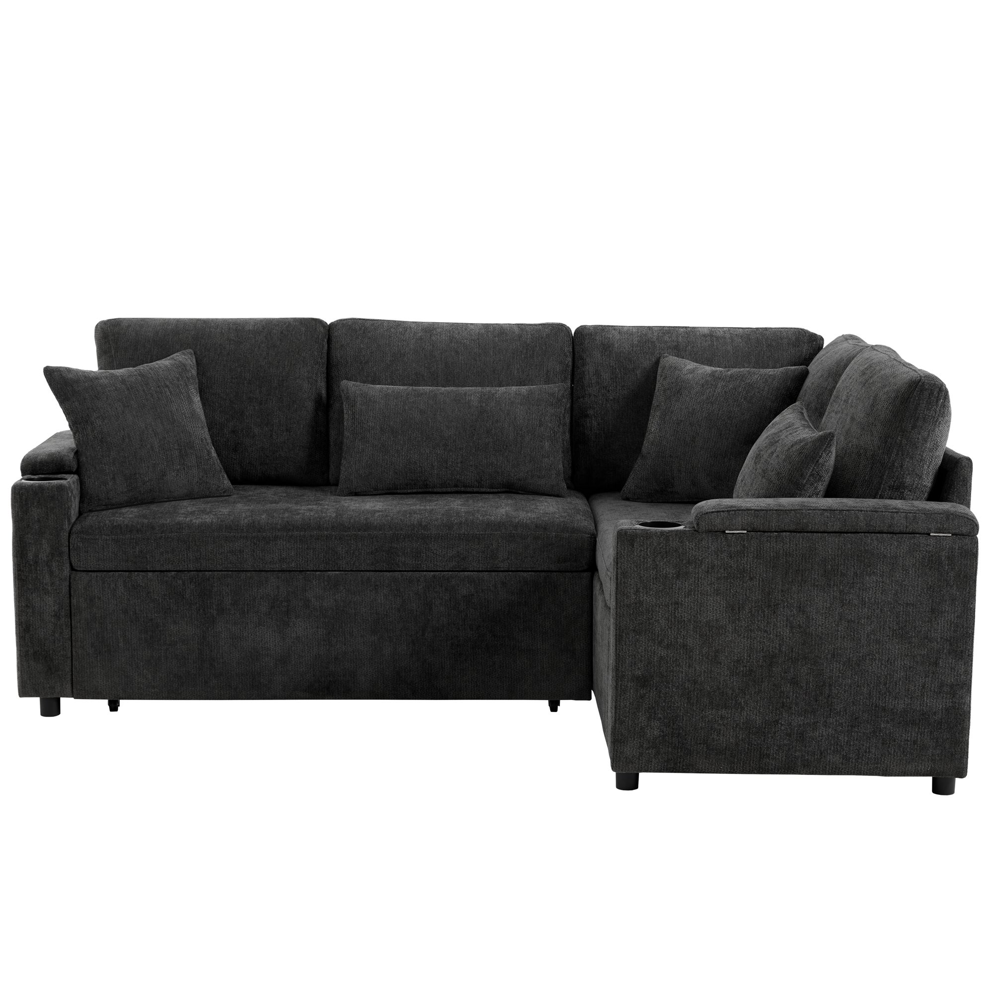 Rozkładana sofa narożna w kształcie litery L - ze schowkiem - z uchwytem na kubek - portem ładowania USB - z poduszkami - szara - 8
