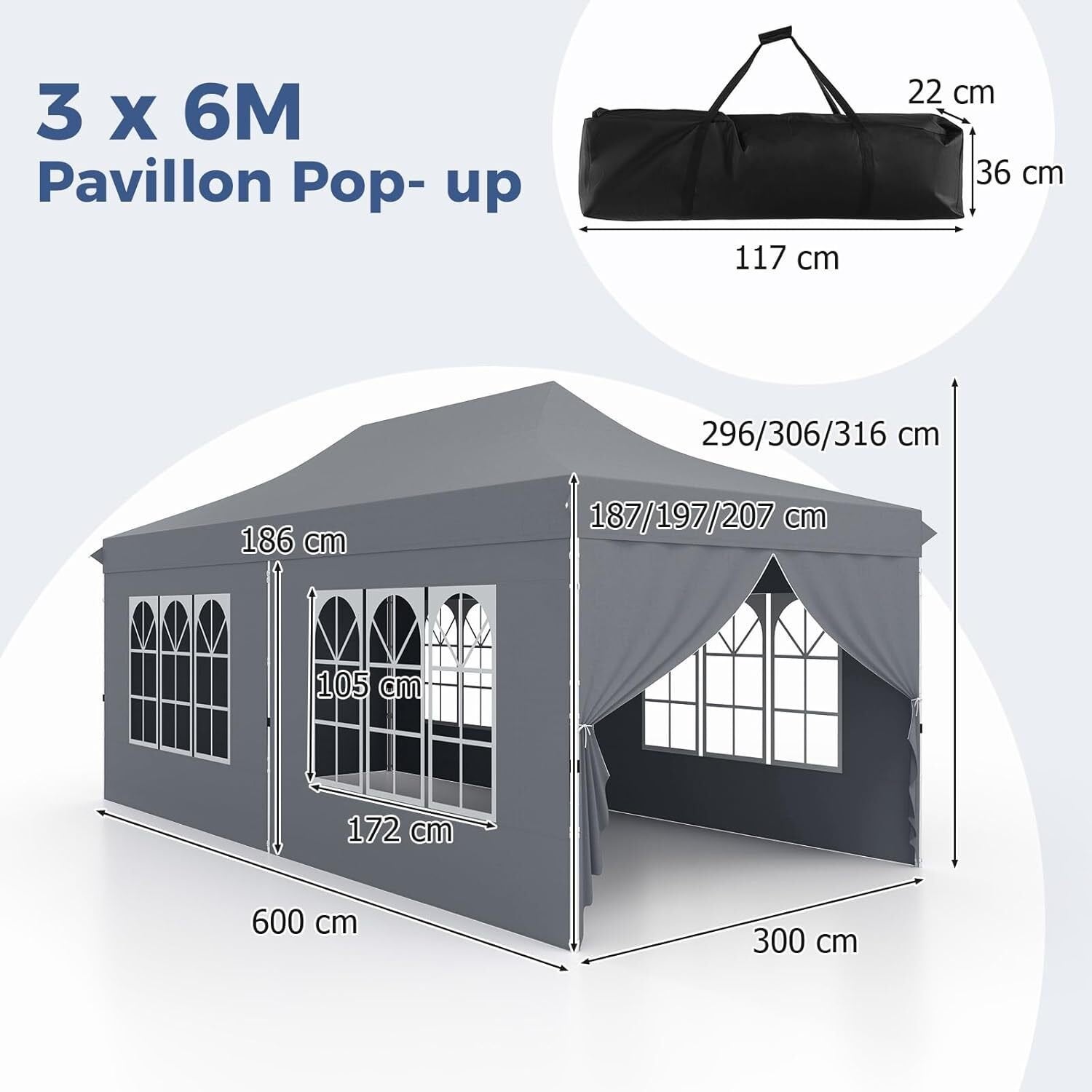 Cenador plegable 3x6 m con 6 paredes laterales, 6 sacos de arena, carpa para fiestas, estructura metálica ajustable, pabellón desplegable, bolsa de t - 7