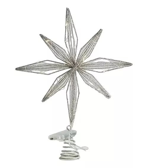 Ozdoba na czubek choinki w kształcie płatka śniegu z perłami LED, ciepłe światło, 8 ramion, srebrna, 25*33CM + 20 lampek
