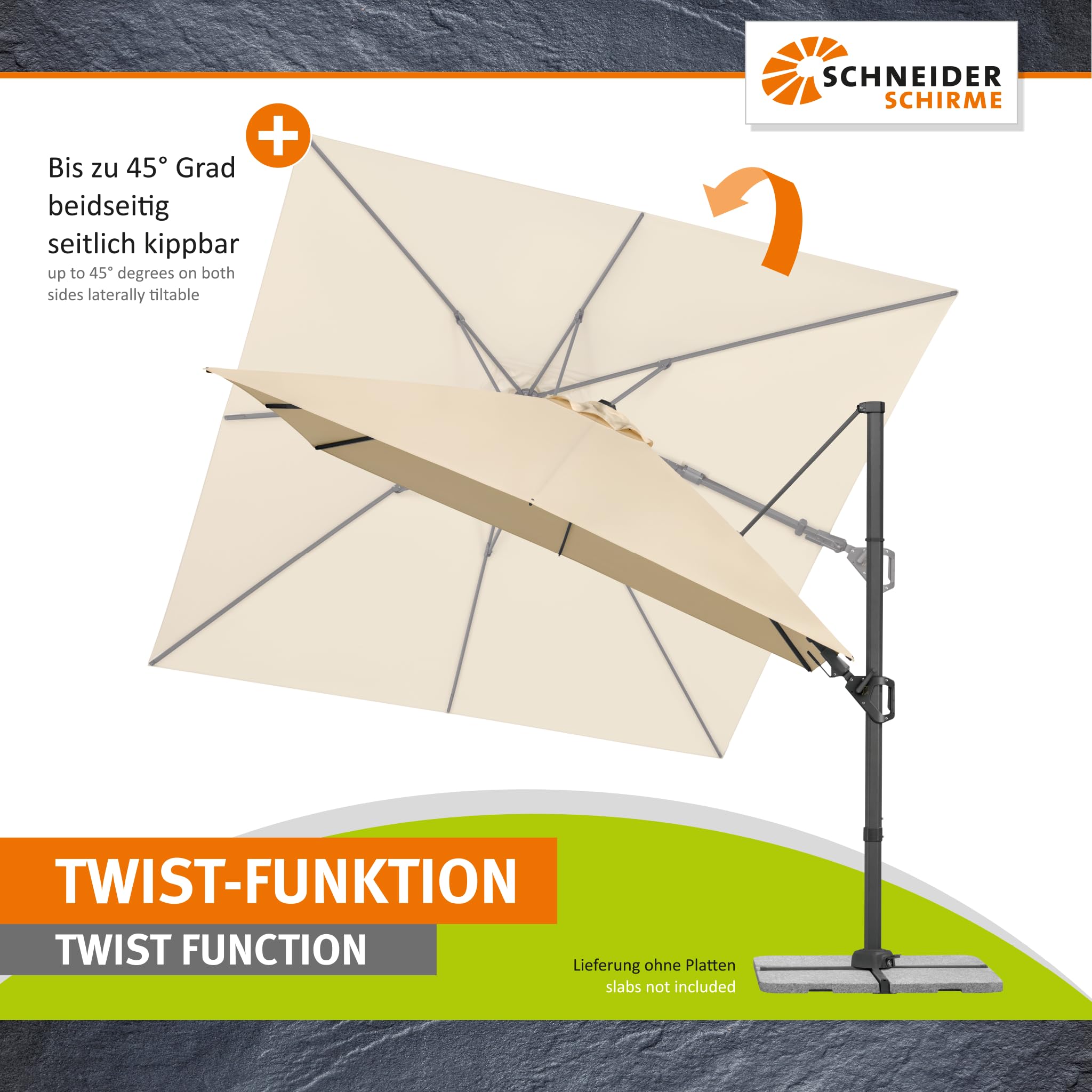 Parasol déporté Schneider Vivasol naturel, 300 x 300 cm – rotatif 360°, inclinable, avec housse et support pour dalles - 2
