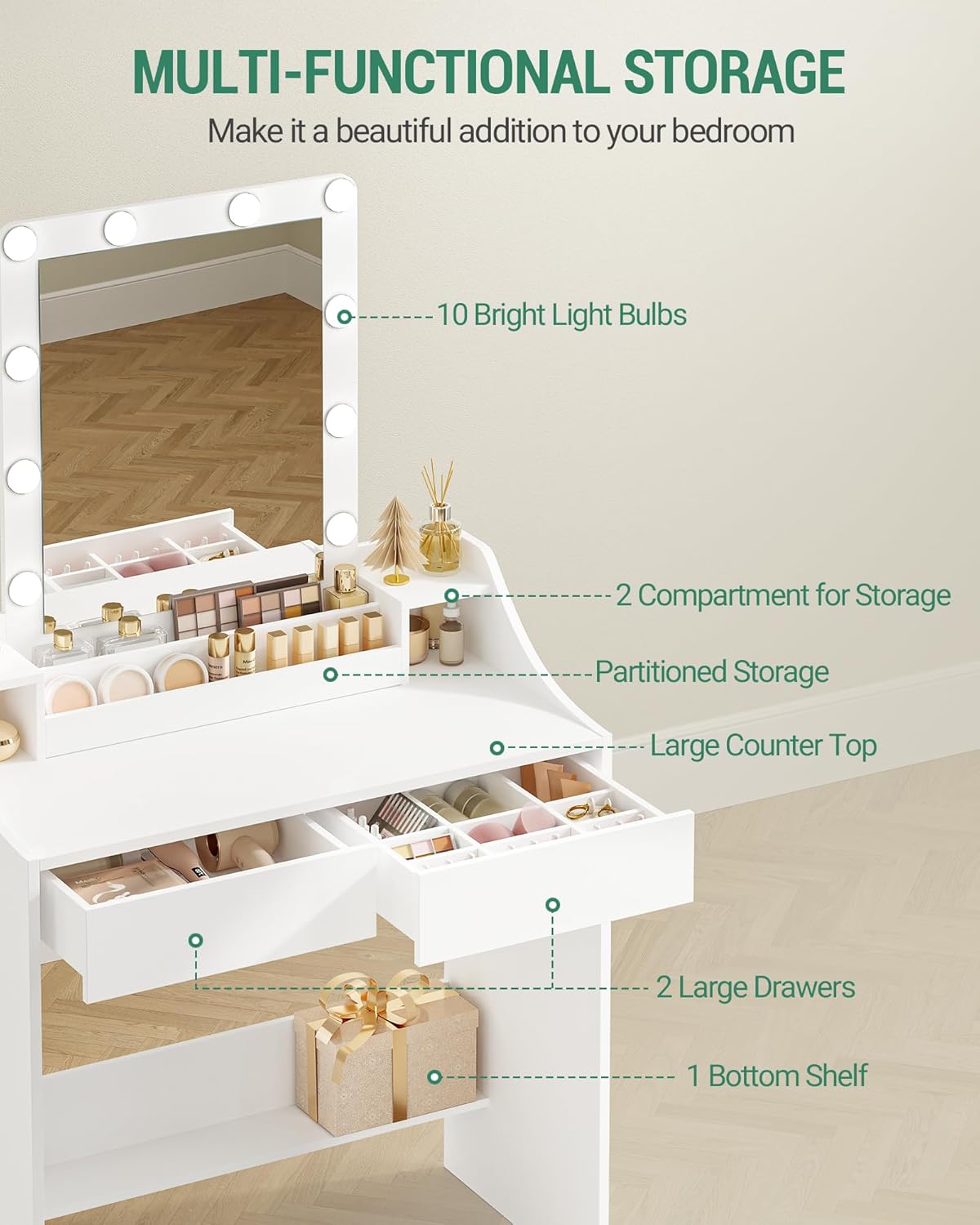 Coiffeuse avec Eclairage LED, 80cm, Luminosité Réglable, Coiffeuse avec Miroir, avec 2 Tiroirs et 2 Compartiments Ouverts, Moderne, Blanc - 3