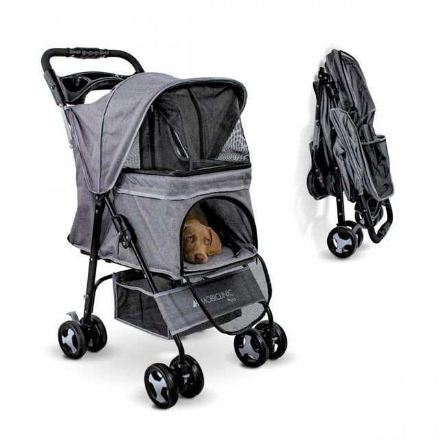 Carrinho para animais Mobiclinic Ruote pieghevoli con freno e 3 accessi a 360º Con tettuccio Cestino portaoggetti e portabicchieri Grigio