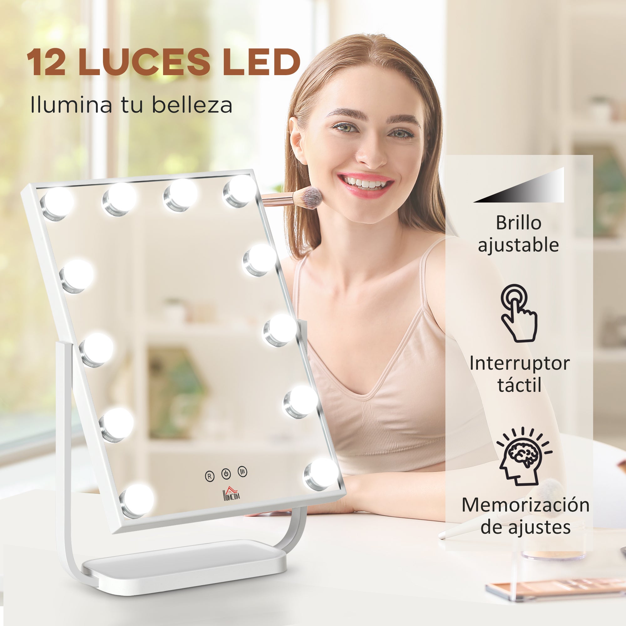 Miroir maquillage Hollywood léger 12 LED 3 modes, écran tactile lumineux réglable, fonction mémoire, chambre/salle bain, 32,8x11x47,4 cm, blanc - 6