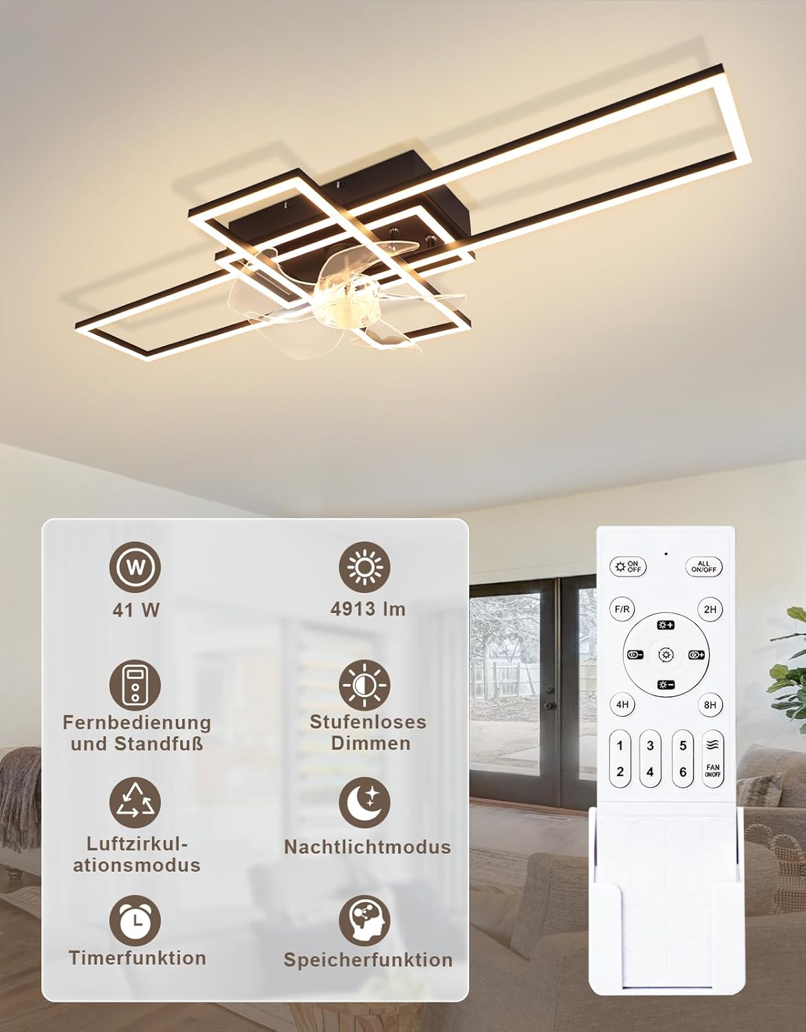 NETTLIFE Ventilateur de Plafond avec Éclairage LED 94cm, Moderne Dimmable avec Télécommande, 6 Vitesses, Minuterie pour Salon Salle à Manger - 9