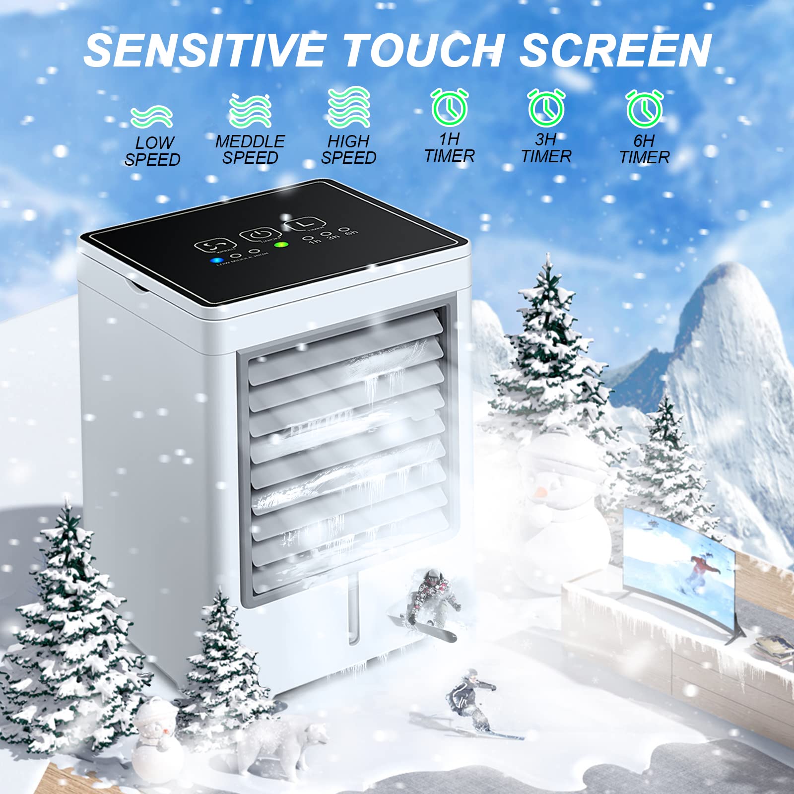 Condicionador de ar portátil, refrigerador de ar evaporativo com 3 velocidades de vento,ventilador de resfriamento de mesa com tela sensível ao toque - 3
