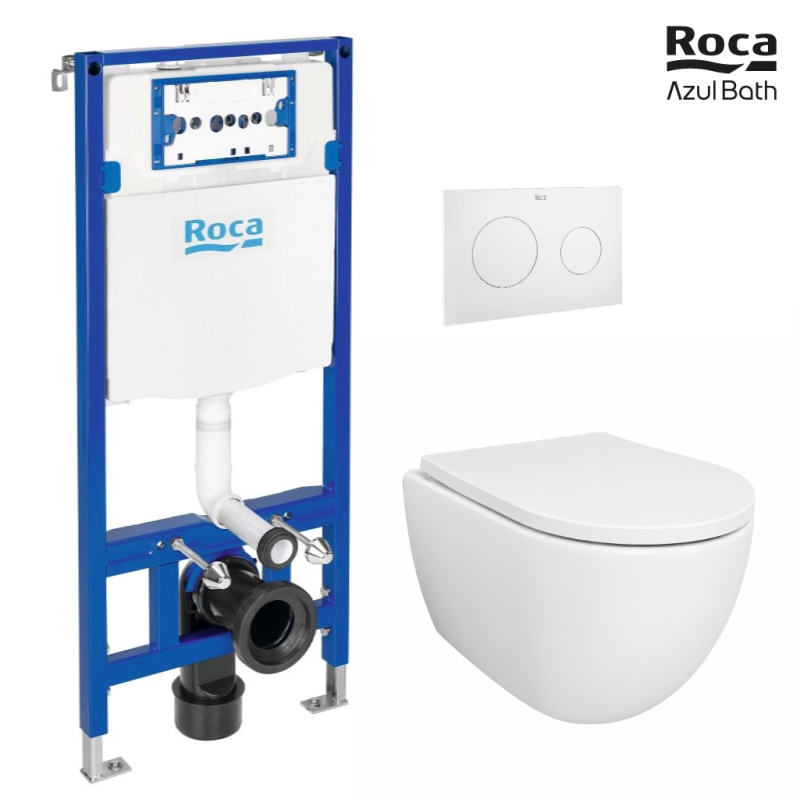 Pack bastidor roca duplo cisterna empotrada y pulsador pl10 blanco mate + inodoro suspendido swiss 53 cm tornado y soft-close