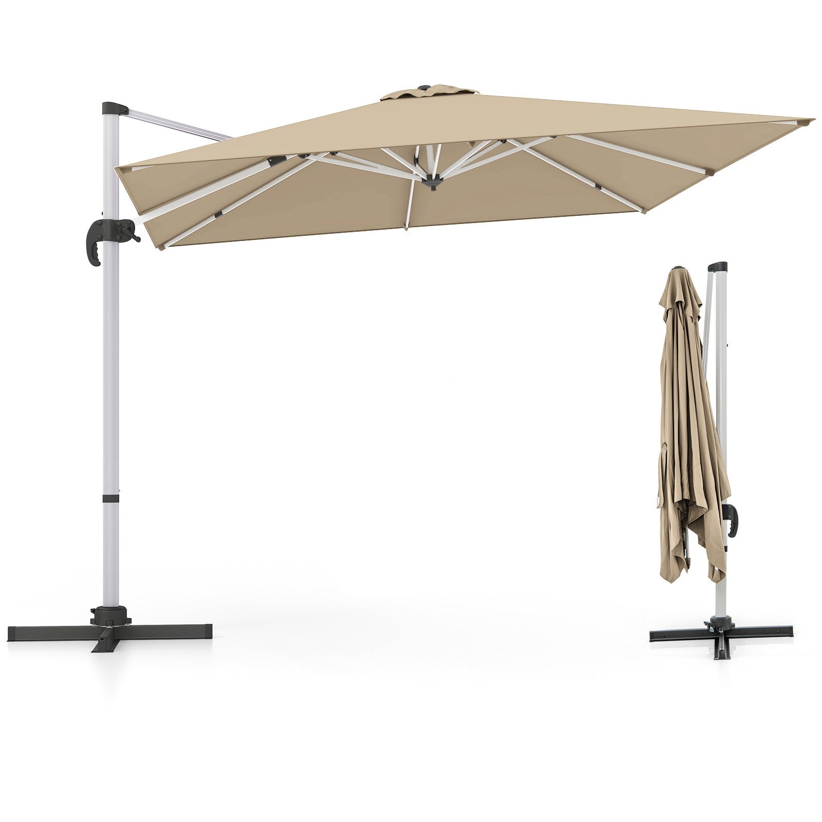 Parasol Ogrodowy z Wysięgnikiem 3x3 m, 8 Żeber, UPF50+, Podstawa Krzyżowa, 5 Pozycji Nachylenia i Obrót o 360 Stopni, Beżowy