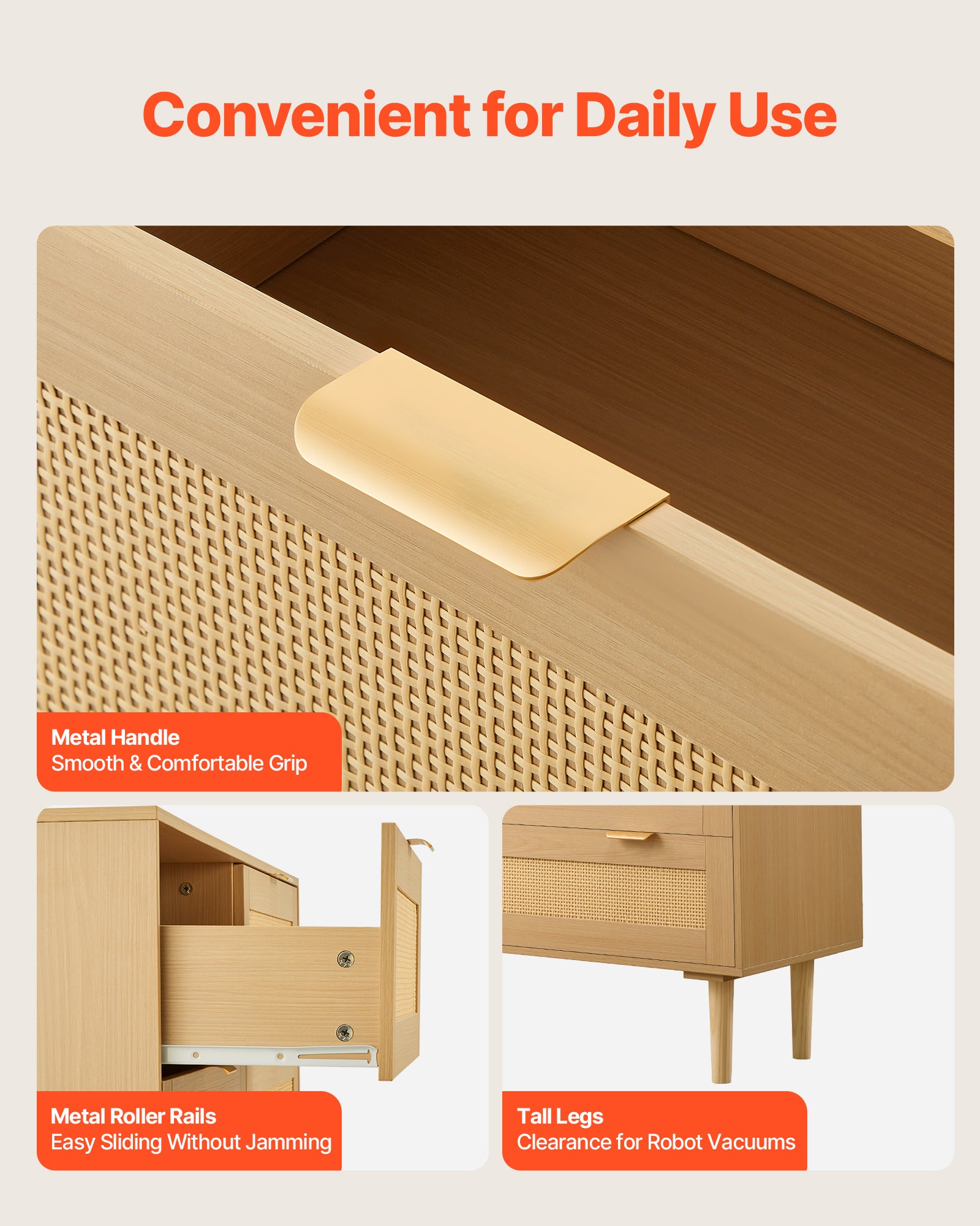 Commode VEVOR 3 tiroirs, meuble rangement avec poignées en métal et pieds, organisateur vêtements et rangement bohème, armoire pour chambre à coucher - 6