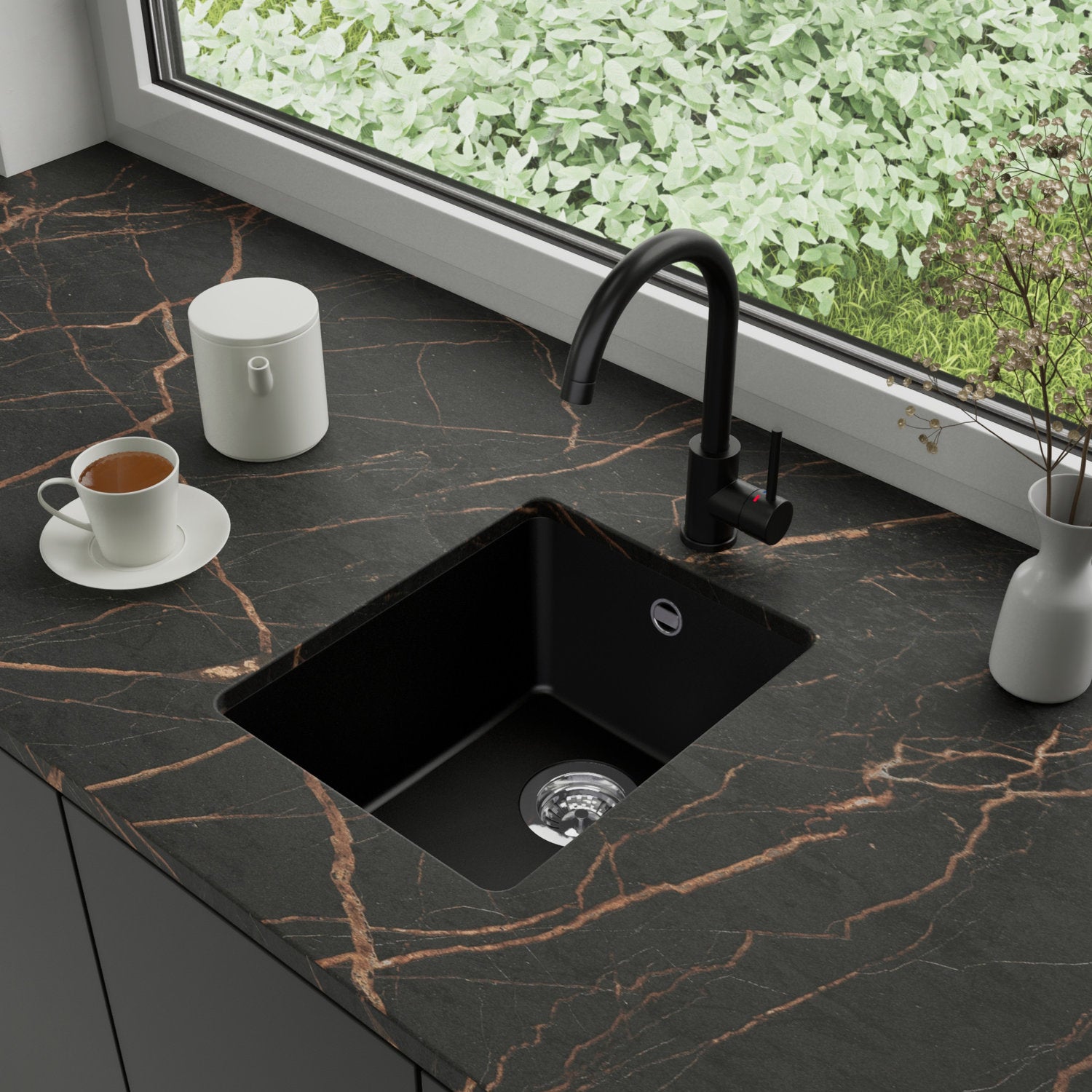 Zlewozmywak podblatowy 36x44cm, do szafki od 40cm + Bateria + Syfon - Garnet Czarny STONESTYLE
