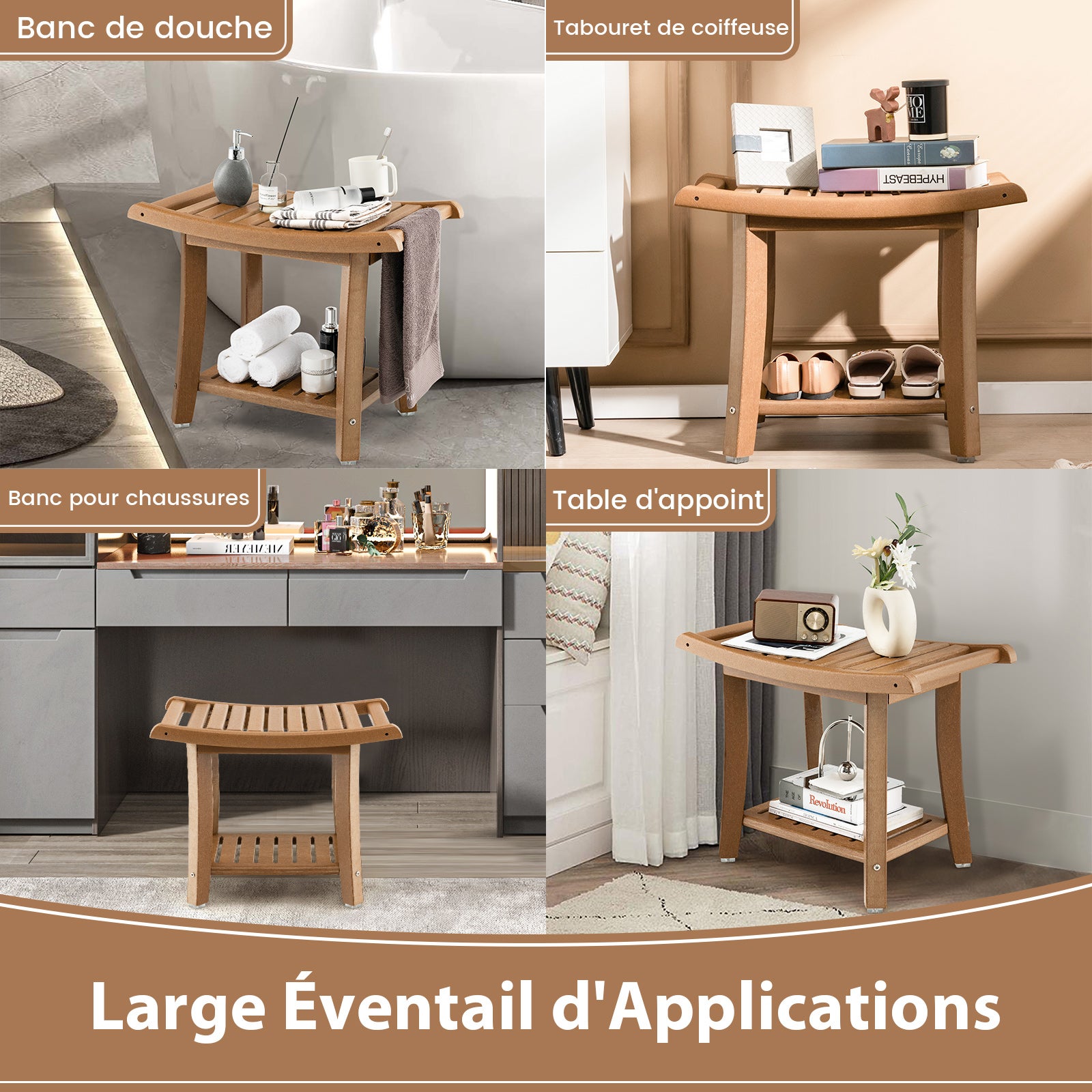 Tabouret Salle de Bain 2 Niveaux en PEHD Étanche, Banc de Douche Antidérapants Siège Incurvé pour Enfants et Adultes Charge 150kg, Marron - 6