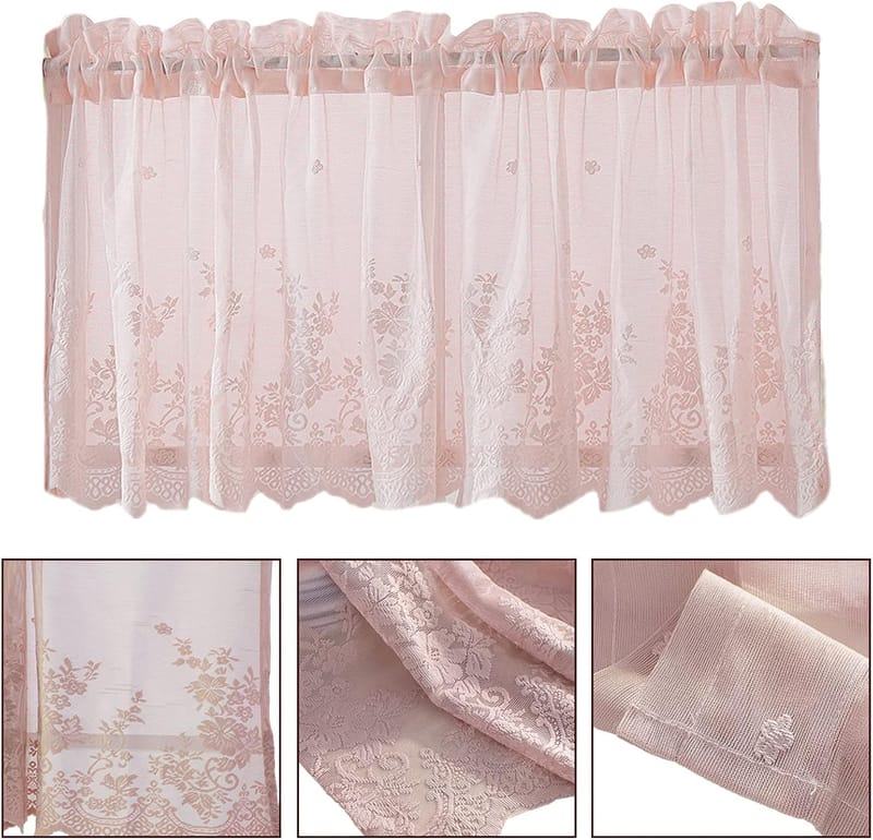 1. Zasłona tiulowa, zasłona z tiulu żakardowego, zasłona w stylu rustykalnym, karnisz nie jest dołączony, różowa (74 cm szer. x 90 cm wys.) - 3