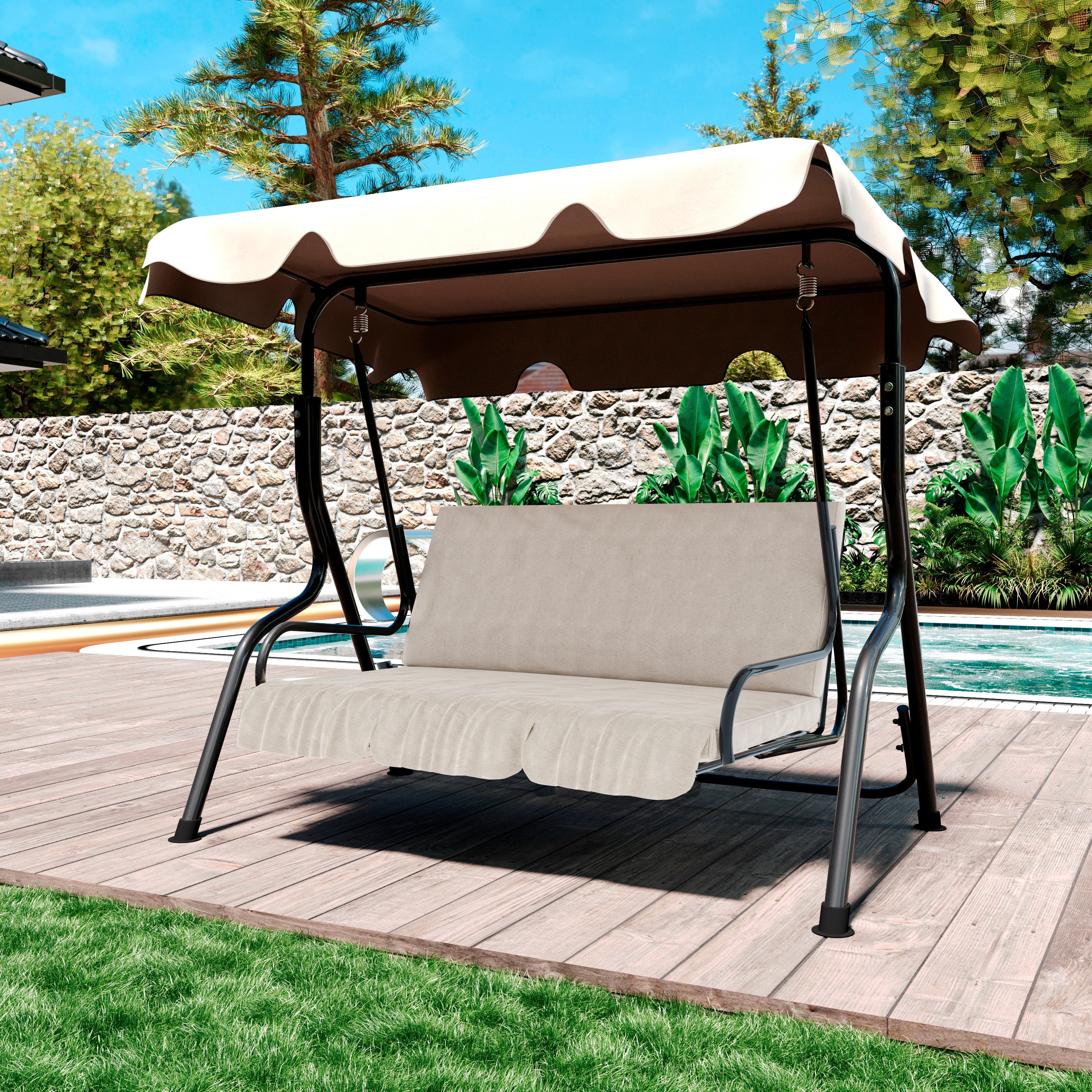 Dondolo 3 Posti Algarve Con Tettuccio Parasole Regolabile Cuscini Imbottiti Struttura Robusta In Acciaio Verniciato Da Giardino 170x110x153 cm Beige - 2