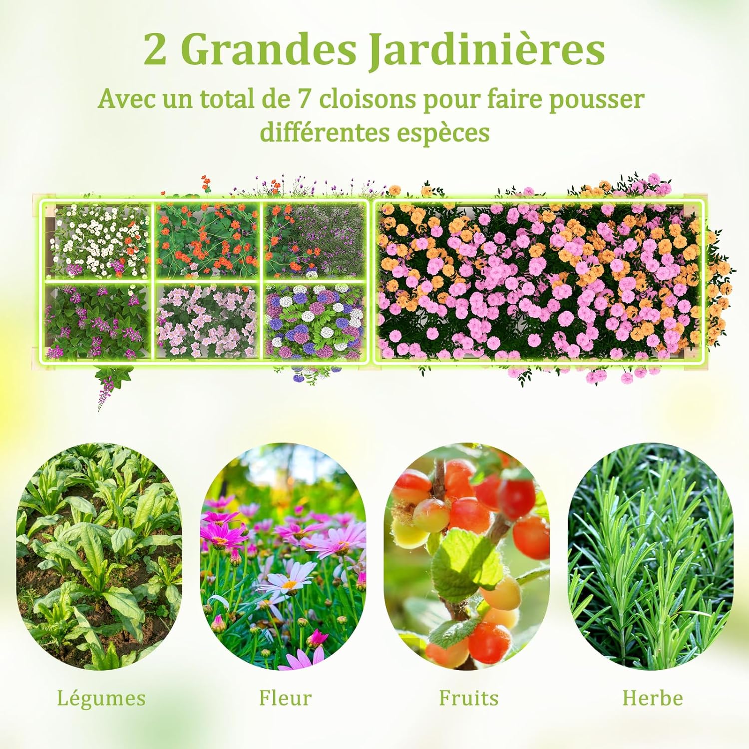 Canteiro de horta em madeira de pinho com 0,26 m³, com 2 caixas de plantação e divisórias, 1 caixa com divisórias para flores, legumes, frutas e erva - 4