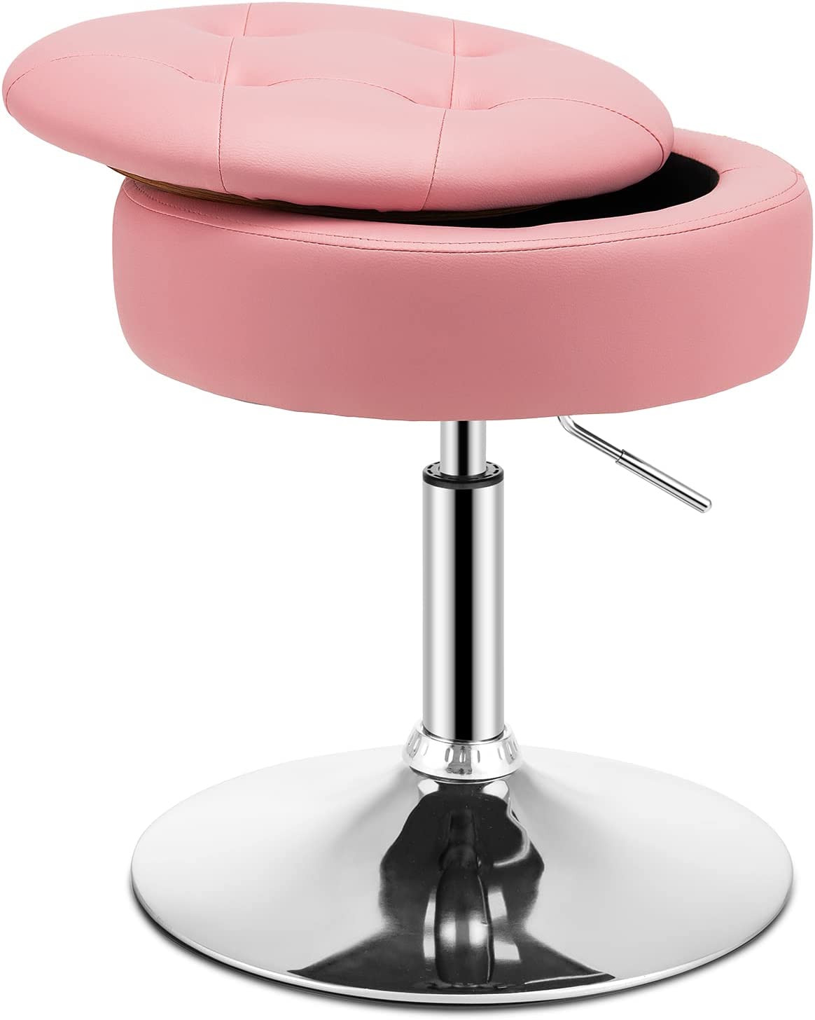 Taboret do Makijażu Obracany o 360°, Toaletki z Miejscem do Przechowywania, Wysokość Siedziska 51-66 cm, Okrągły, Nowoczesny (Różowy)