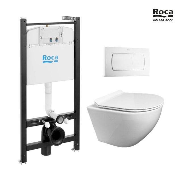 Bastidor ROCA Active pack cisterna empotrada y pulsador Blanco con inodoro suspendido TORNADO ROUND de KP blanco Tapa Fina