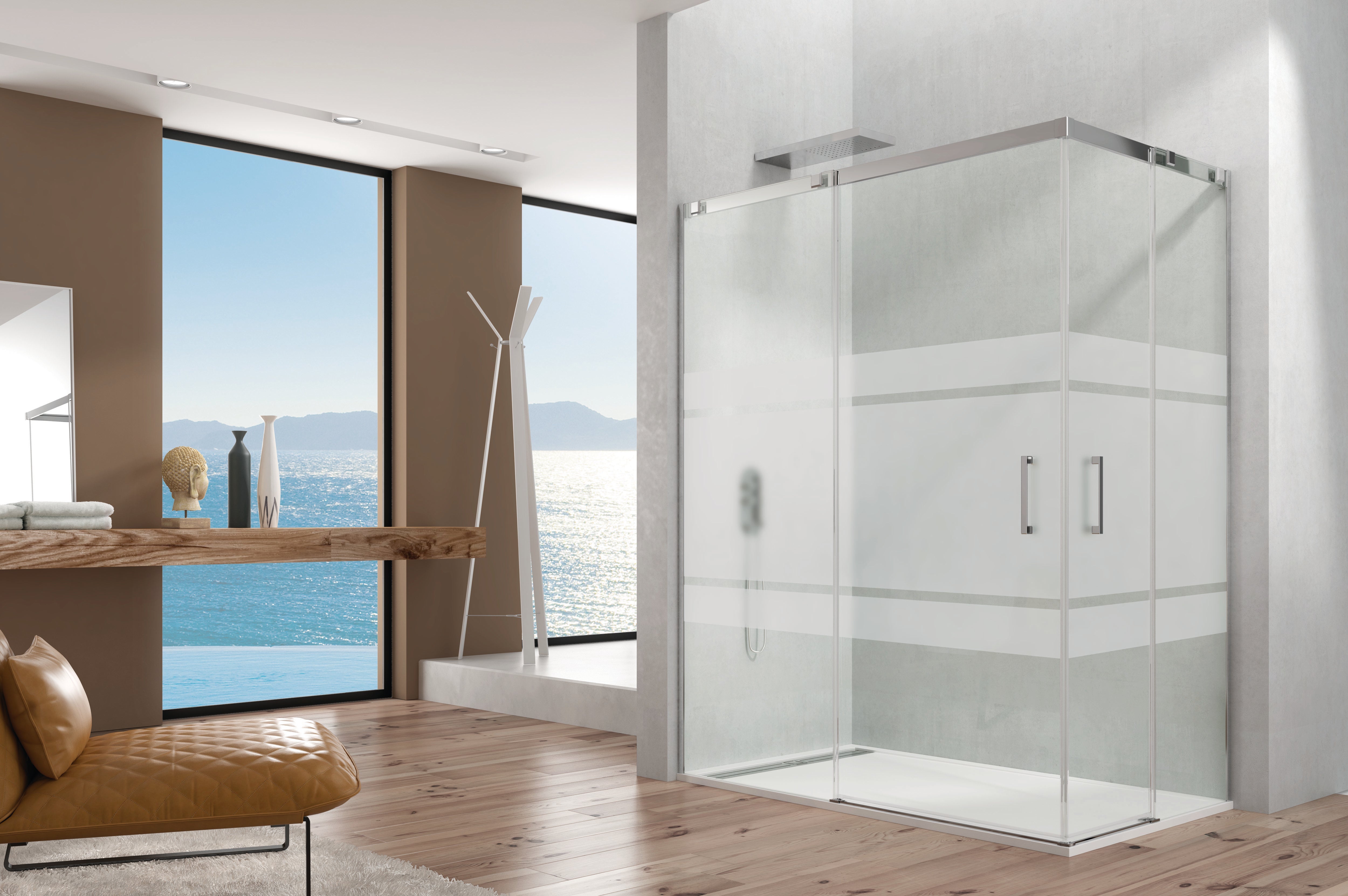 Paravan de colț TEMPLE 2 panouri fixe + 2 uși glisante 100x80 cm (95-100/75-80) inox lucios sticlă Frost Plus