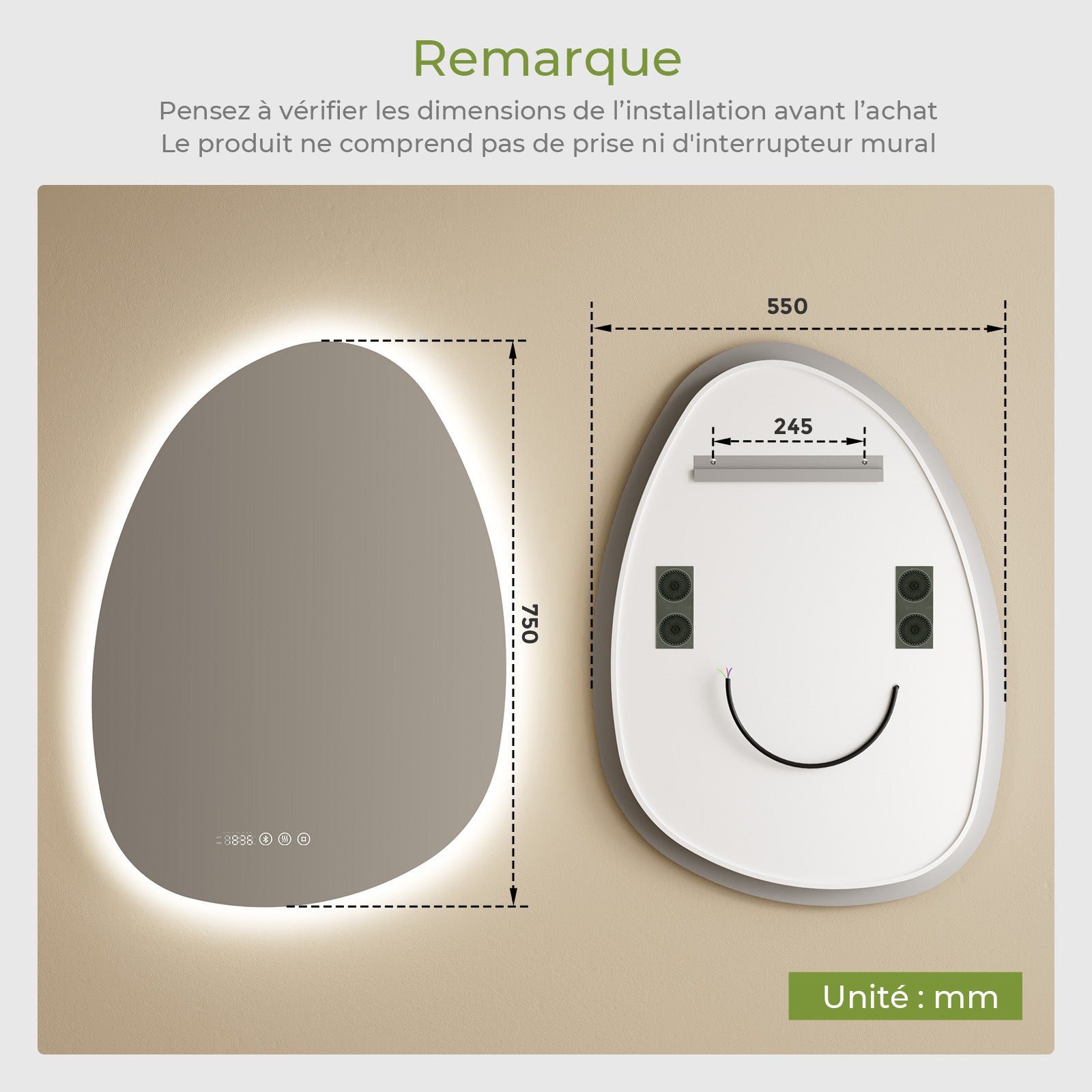 S'AFIELINA Miroir de Salle de Bain avec Éclairage Asymétrique 75 x 55 cm, 3 Couleurs de Lumière Réglables, Antibuée, Bluetooth, Horloge, Température - 8