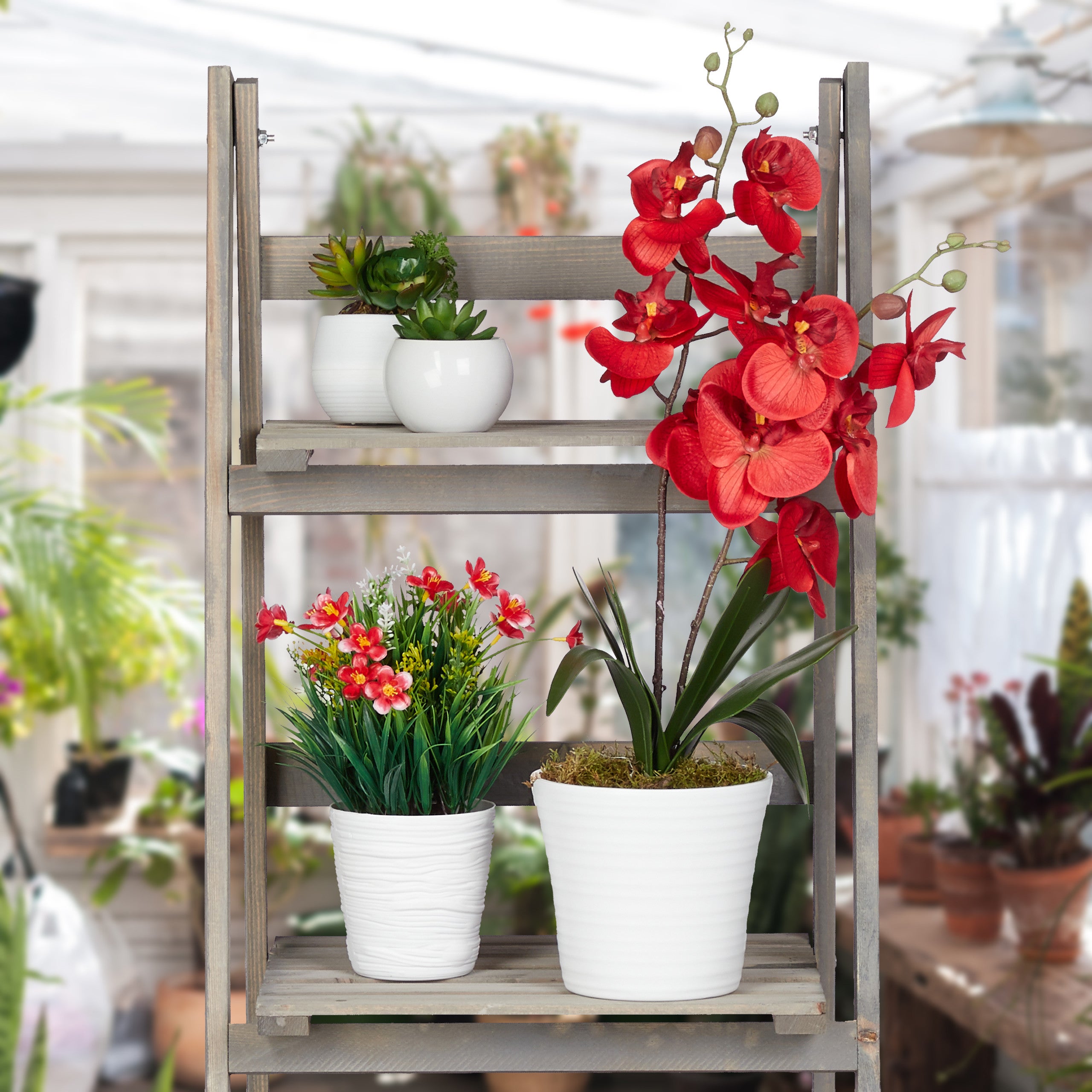 Escalier à fleurs, étagère bois, Escalier plantes échelle pliante intérieur, HxlxP: 51,5 x 41 x 24 cm, gris, Relaxdays - 6