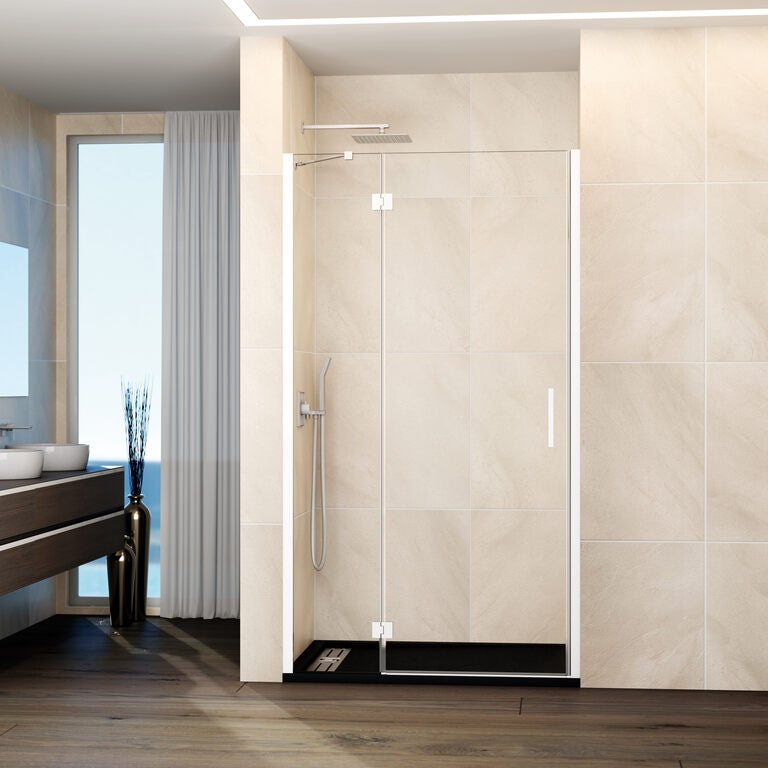 Paravan frontal GLASS panou fix + ușă batantă 110 cm (104,5-110; fix 40+ușă 65) alb sticlă transparentă