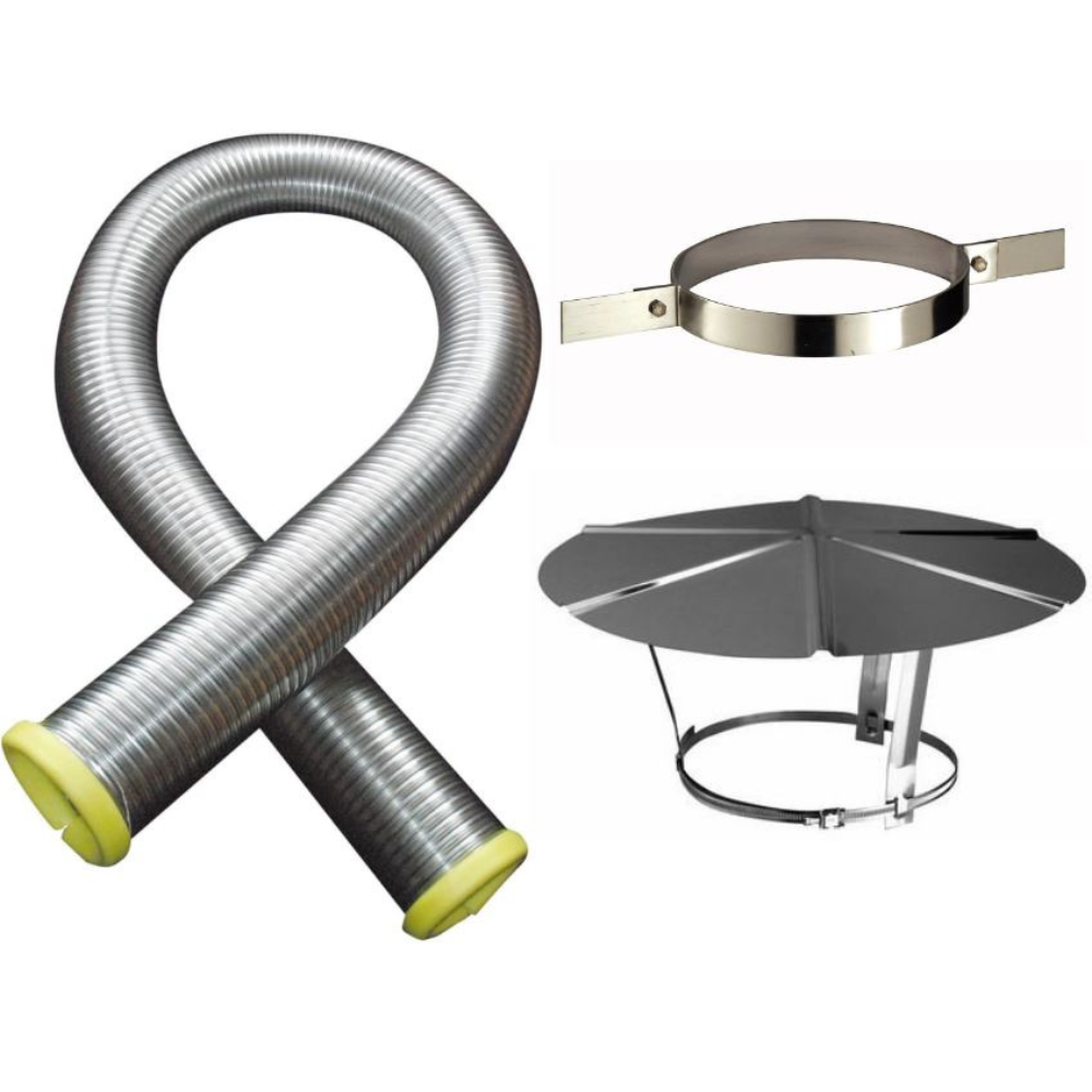 Kit tubage flexible double peau inox diamètre 150 + collier de fixation haute + chapeau Poujoulat - Longueur 2 mètres - 2