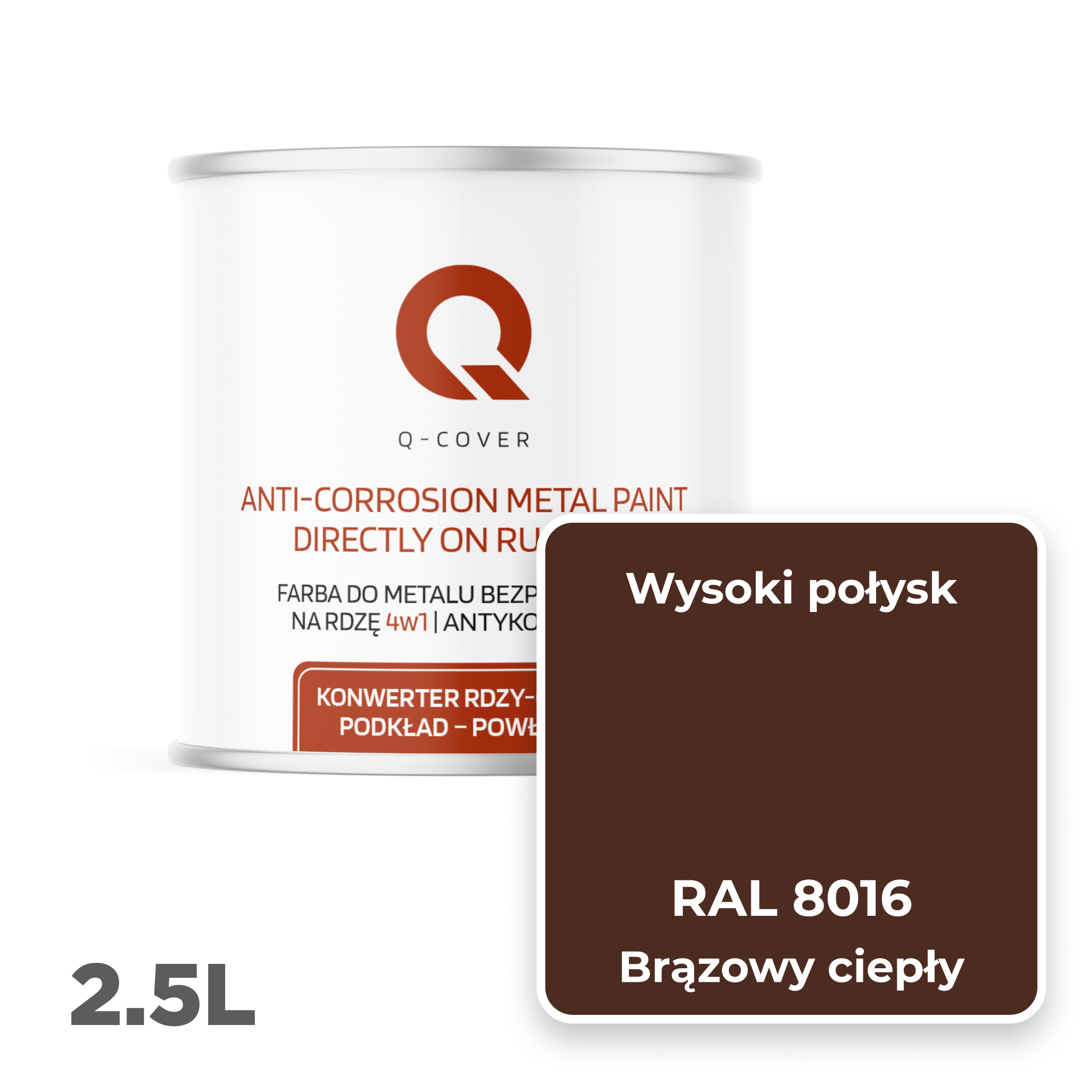 Farba do Metalu Prosto na Rdzę 4w1 Q-Cover Brązowy ciepły RAL8016 Wysoki Połysk 2.5L - 2