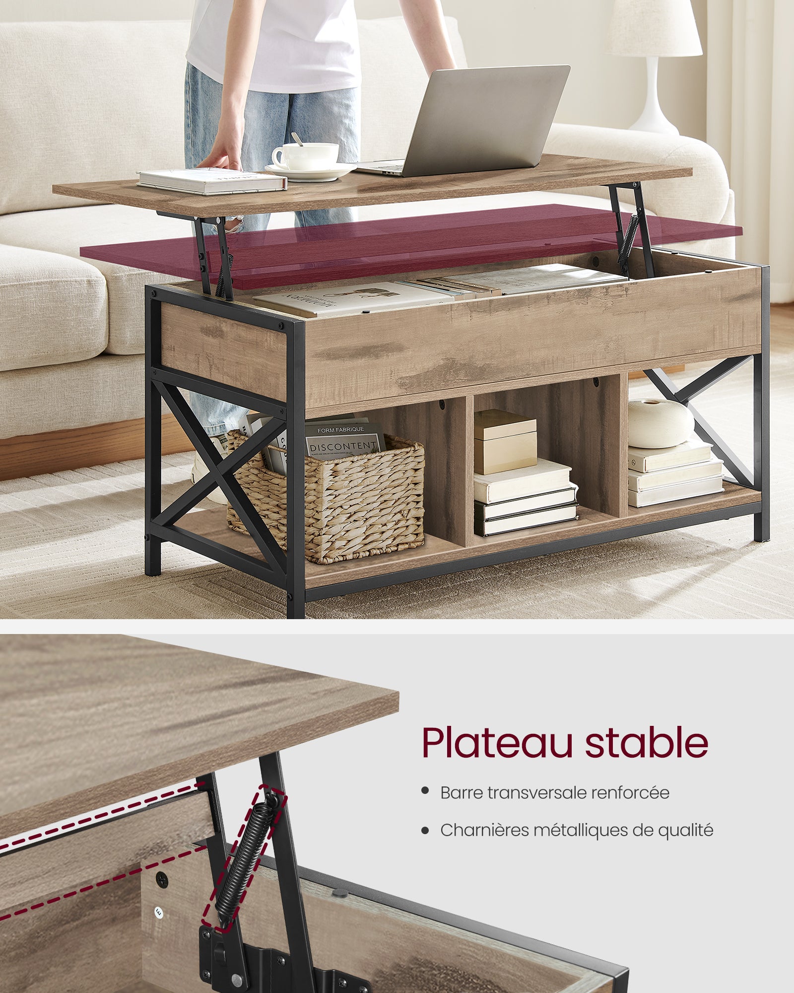 Table Basse, Relevable, Table Basse avec Rangement Caché et Compartiments Ouverts, Cadre en Acier, 50 x 100 x (46,5-62) cm, Marron Camel et Noir - 4