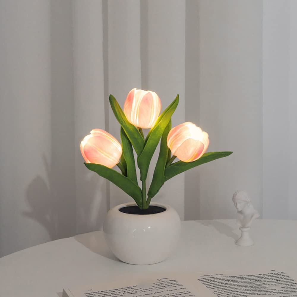 Lampa tulipan, lampa stołowa LED symulująca tulipana, lampka nocna z wazonem, lampa stołowa, ozdoby do domu, różowa
