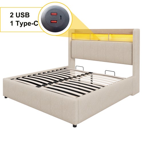 Lit coffre adulte 140x200 cm lit double avec éclairage LED, port USB et rangements, en lin, beige - 10