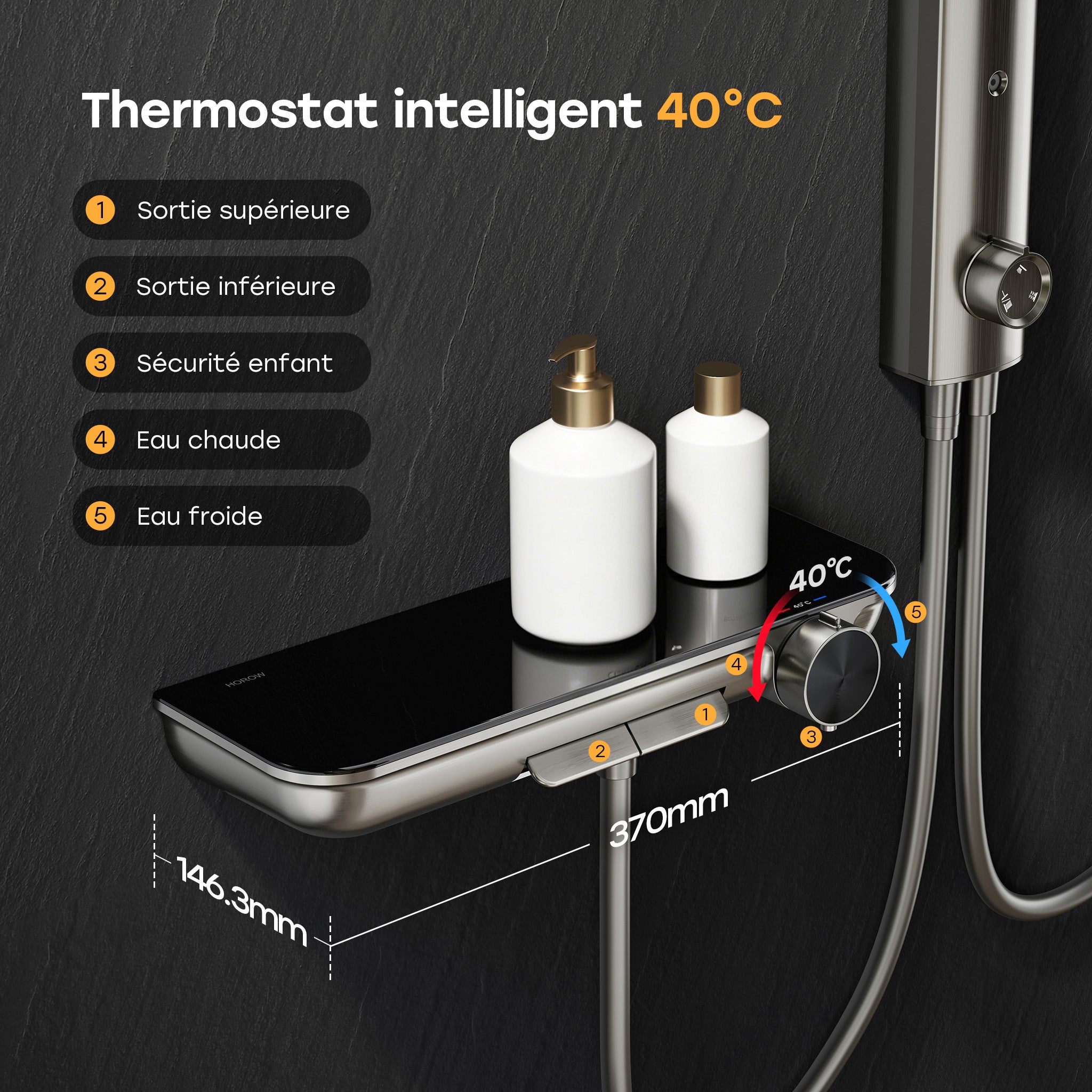HOROW Sistema de ducha con termostato, gris, panel de ducha con cabezal de ducha plegable, completo de ducha, 4 funciones de masaje, altura regulable - 2