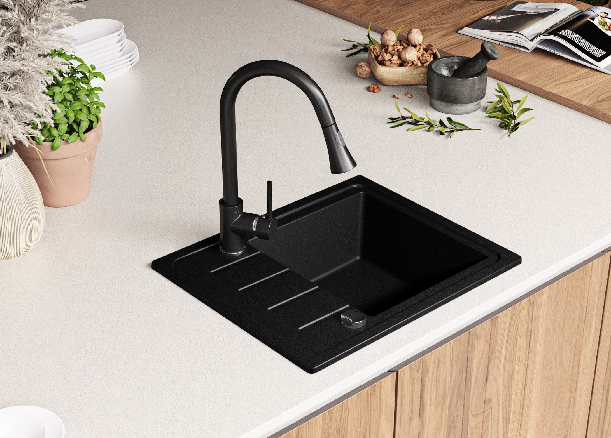 Evier Cuisine en Granit Noir 55x44cm, Lavabo 1 bac + Kit de Vidage, Évier à Encastrer au meuble 45cm - Copenhague Easy PRIMAGRAN - 8