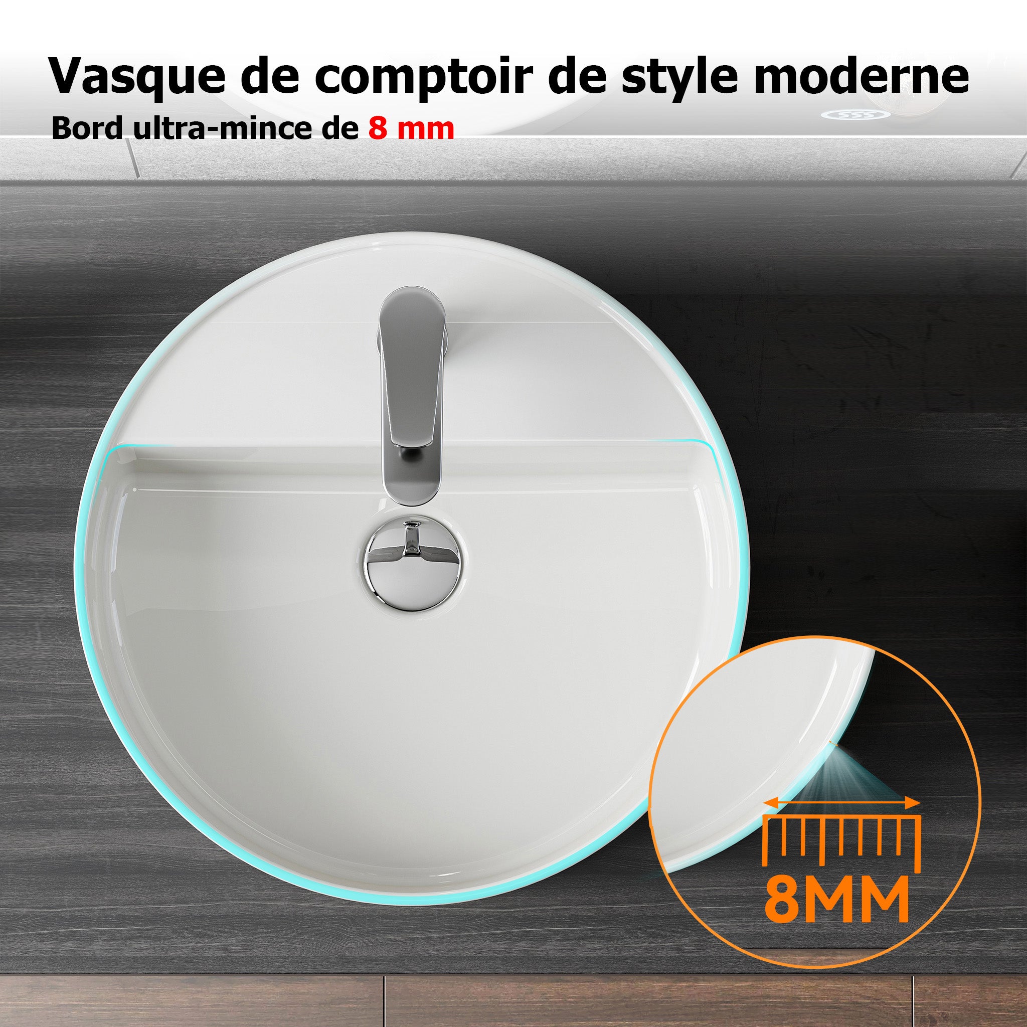 HOROW Vasque à poser, 42 cm Rond Lavabo à poser, blanc, Vasque lave mains avec trou pour robinet et trou de trop-plein - 4