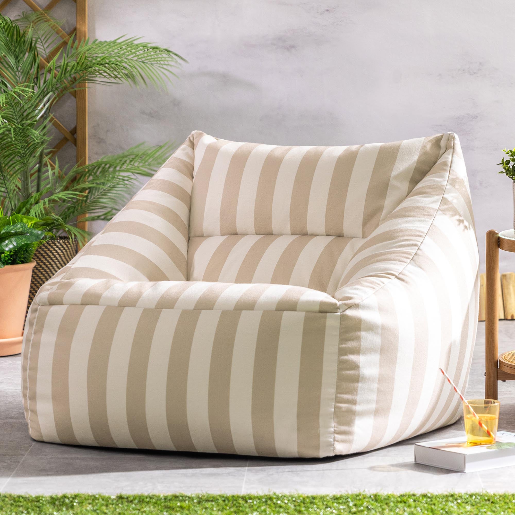 Pouf fauteuil Icon en tissu tissé Oeko-Tex® rayé beige taupe, intérieur et extérieur, jardin, salon, 97x84cm - 2