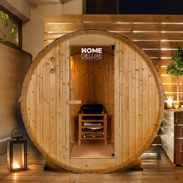 Home Deluxe - Sauna extérieur en tonneau Lahti M - Dimensions : LxPxH : env. 185 cm x 120 cm x 185 cm, bois : épicéa - avec poêle et accessoires pour