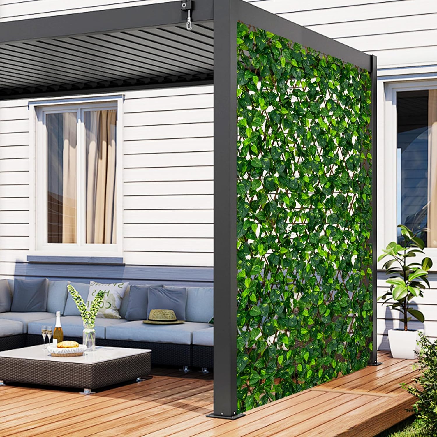 Haie Artificielle Brise-Vue Décoration Extensible, Panneau pour Clôture Décoratif Artificiel Protection Solaire Cadre (Lierre Vert) - 9