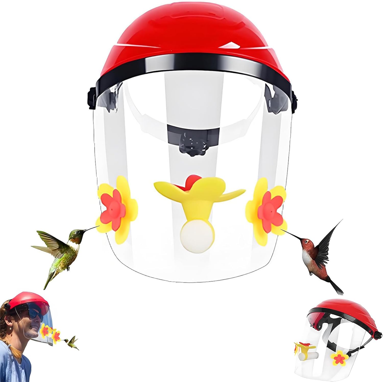 Kask z karmnikiem dla kolibrów | Karmnik bez użycia rąk dla dorosłych | 3 otwory do karmienia | Regulowany pałąk (żółty)