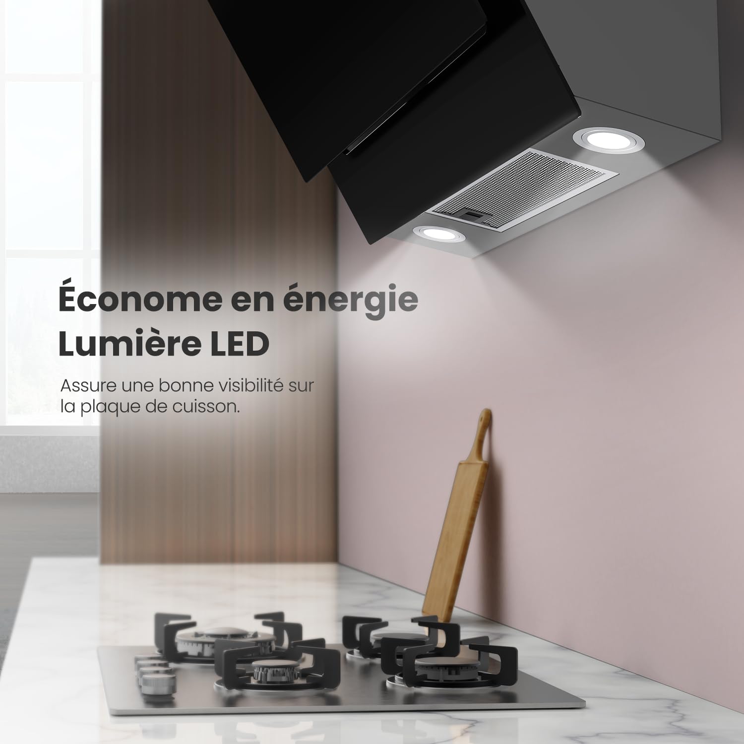 COMFEE Hotte Aspirante Inclinée 60cm - 650m³/h - Classe A+++ - Commandes Gestuelles - 4 vitesses - 2 Filtres à Charbon - Verre Noir - 2*1.5W LED - 8