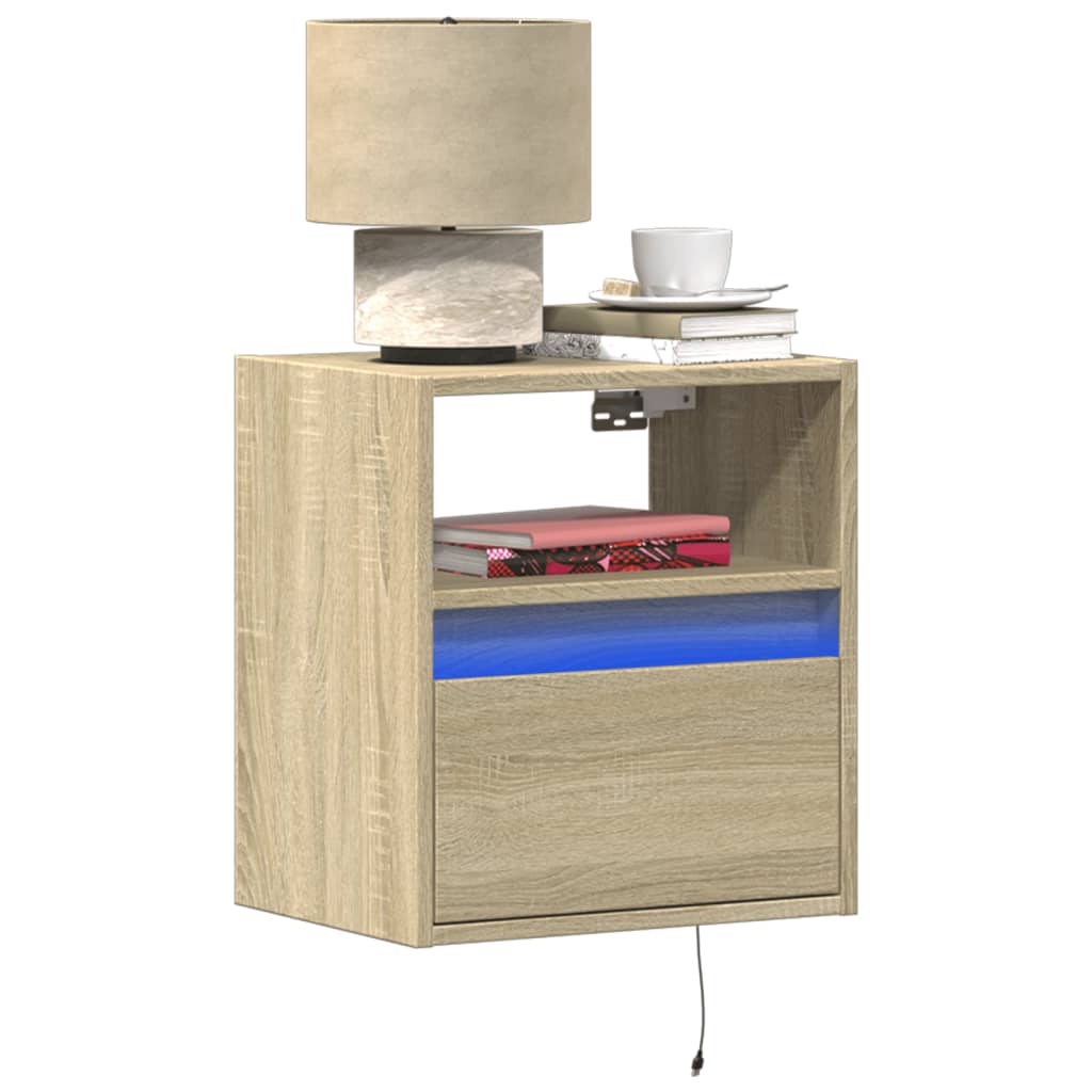 Mesa de cabeceira，Mesita de noche，Mesa Auxiliar de parede com luzes LED carvalho sonoma CFW236749 - 2