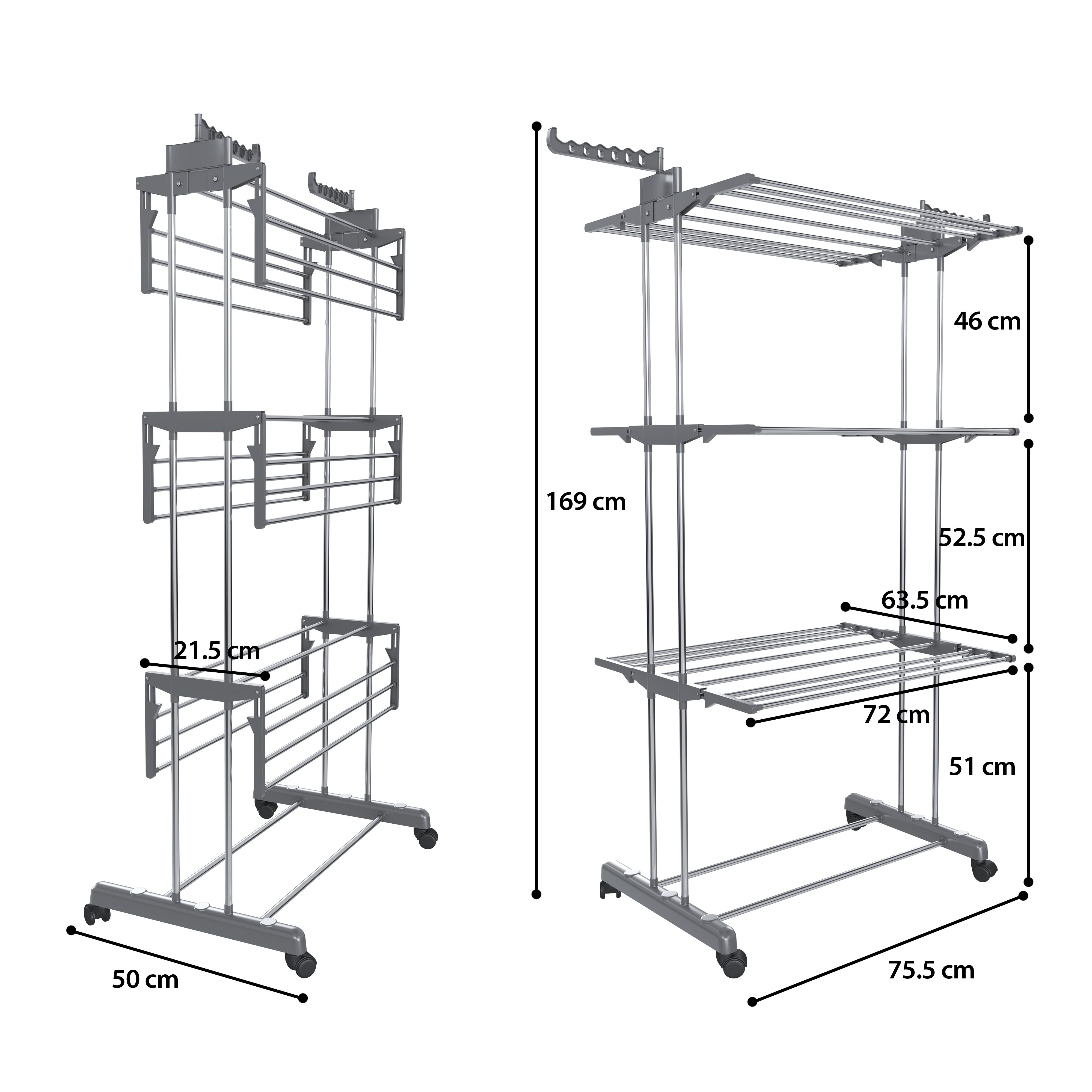 Stendibiancheria A Rotelle Stendino A Torre Verticale In Acciaio E ABS 4 Piani Pieghevole Salvaspazio Con Ali Richiudibile Biancheria Interno Grigio - 4